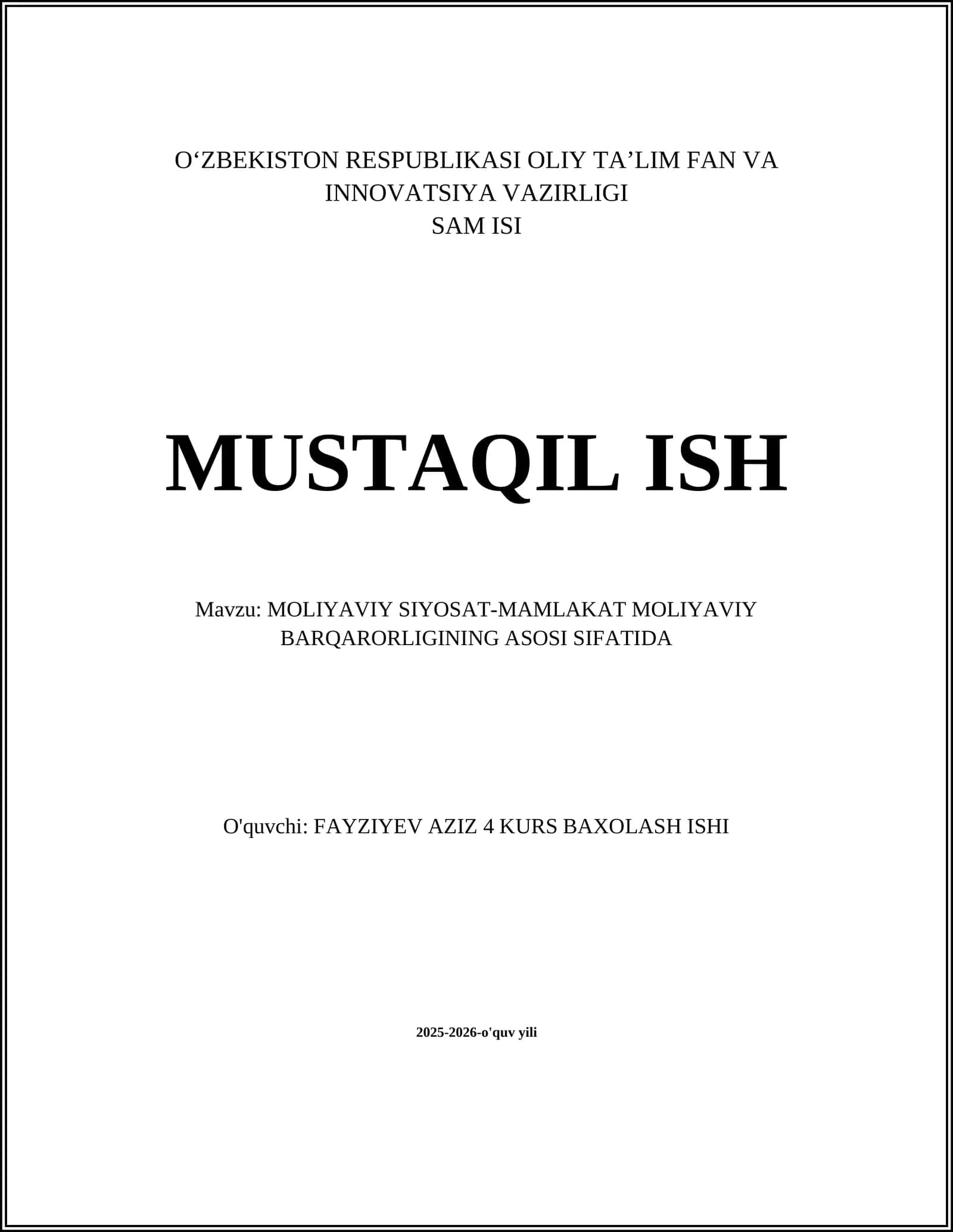 MOLIYAVIY SIYOSAT-MAMLAKAT MOLIYAVIY BARQARORLIGINING ASOSI SIFATIDA