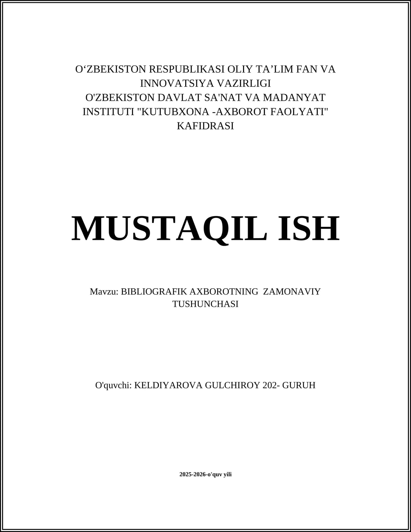 BIBLIOGRAFIK AXBOROTNING ZAMONAVIY TUSHUNCHASI