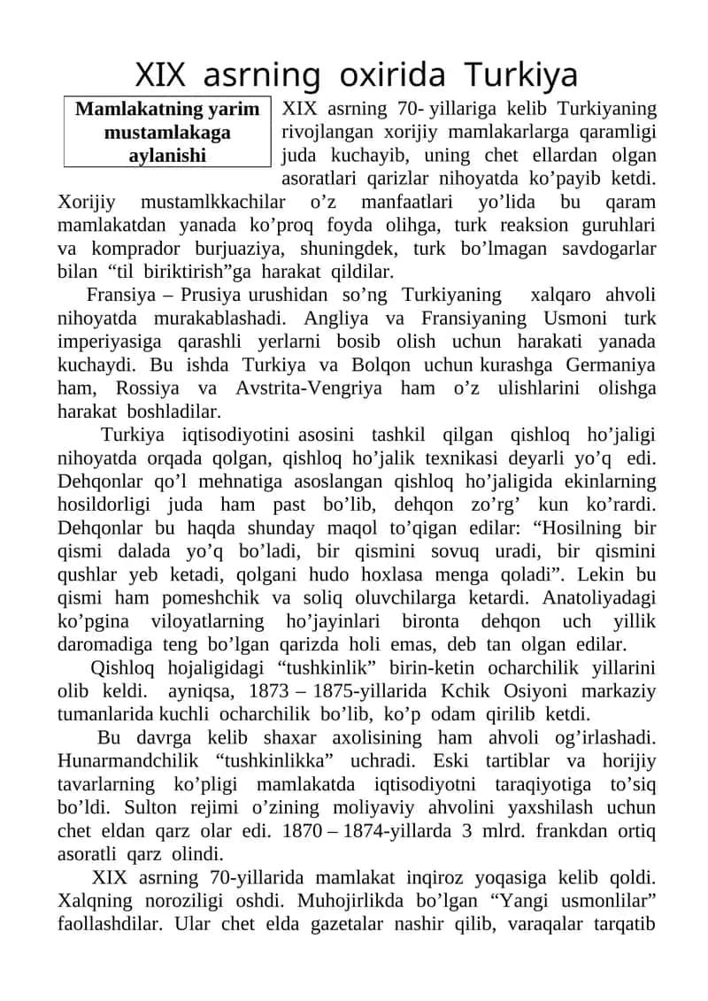 XIX asrning oxirida Turkiya