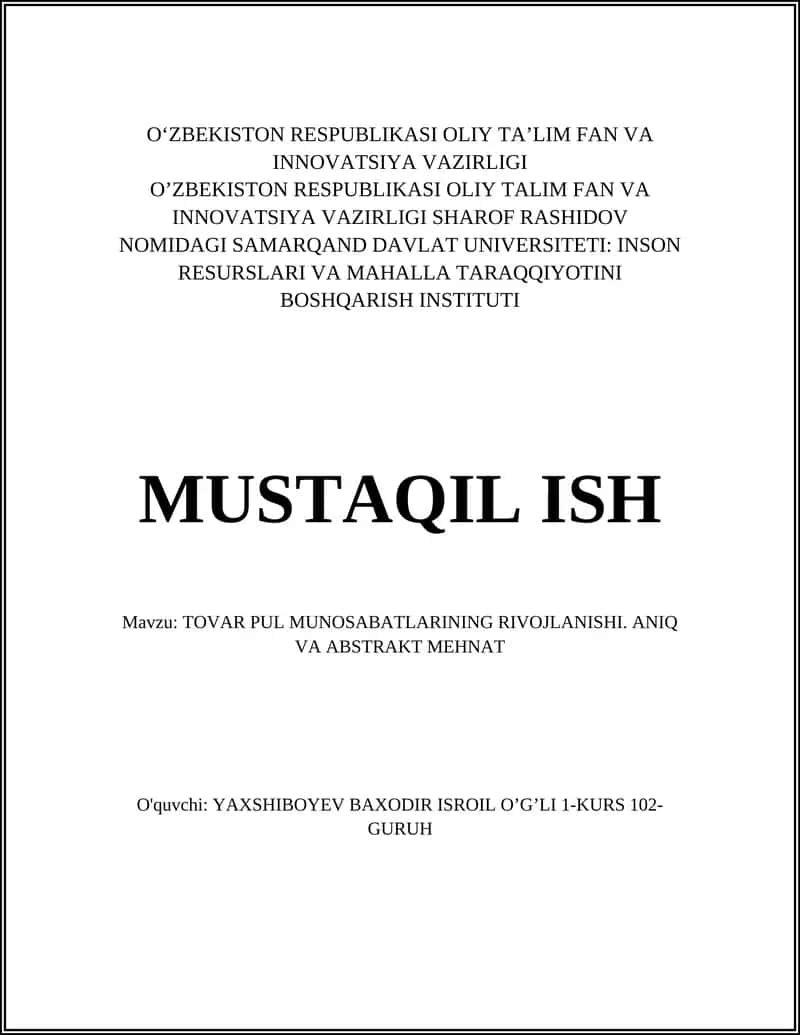 TOVAR PUL MUNOSABATLARINING RIVOJLANISHI