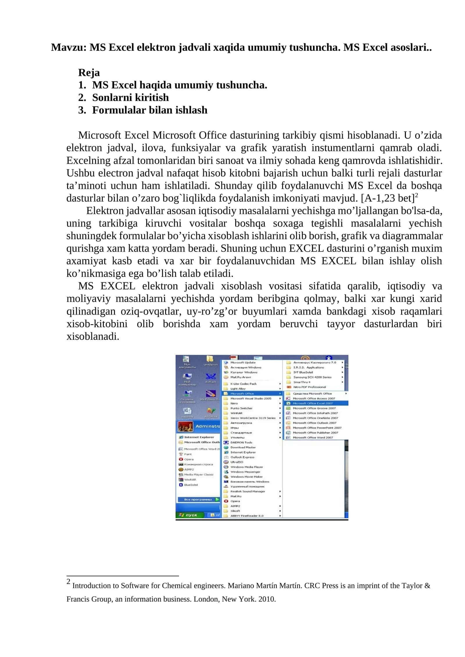MS Excel elektron jadvali xaqida umumiy tushuncha