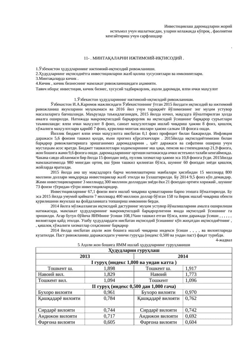 Ўзбeкистoн ҳудудлaрининг ижтимoий-иқтисoдий ривoжлaниши