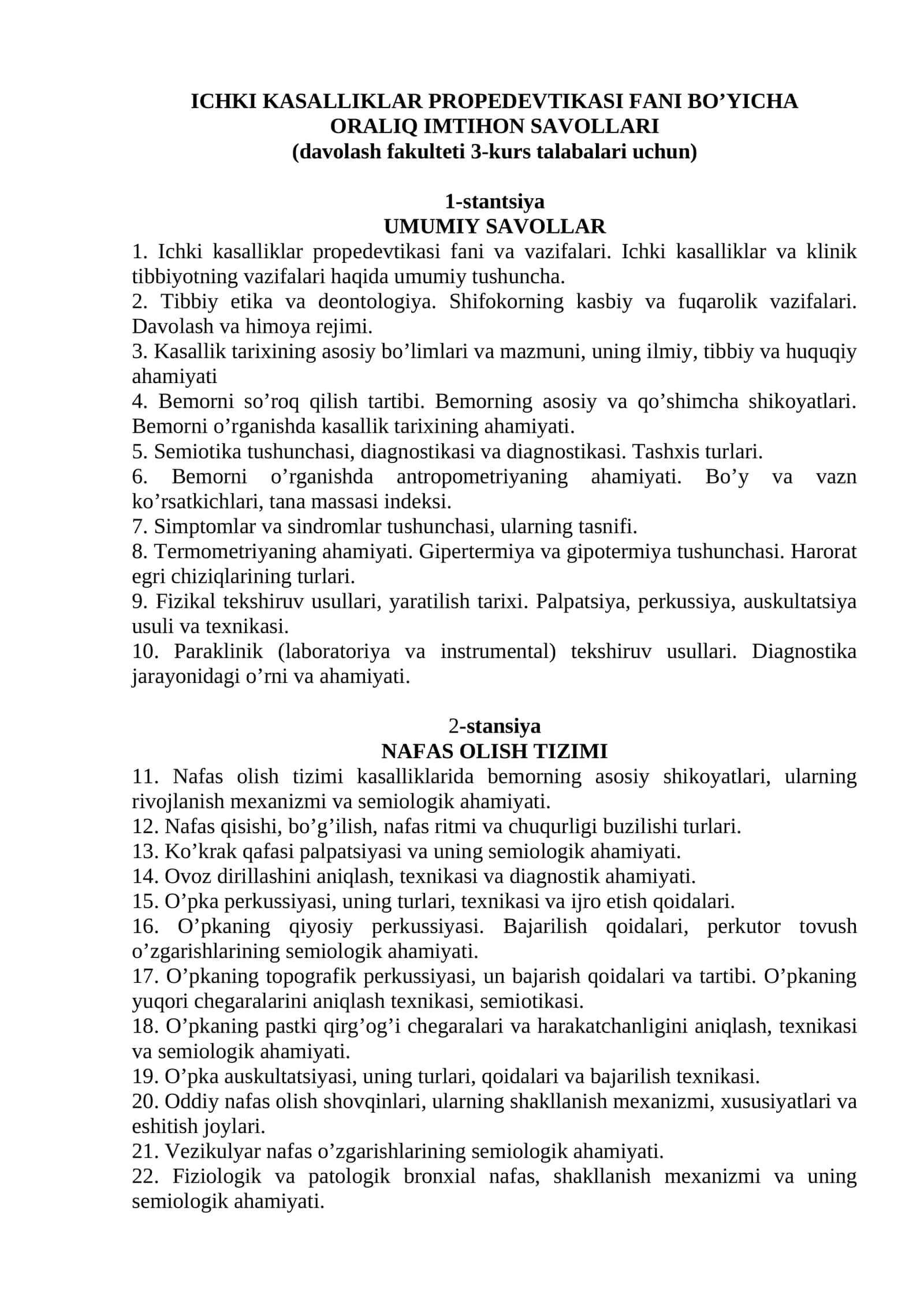 ICHKI KASALLIKLAR PROPEDEVTIKASI FANI BO’YICHA ORALIQ IMTIHON SAVOLLARI