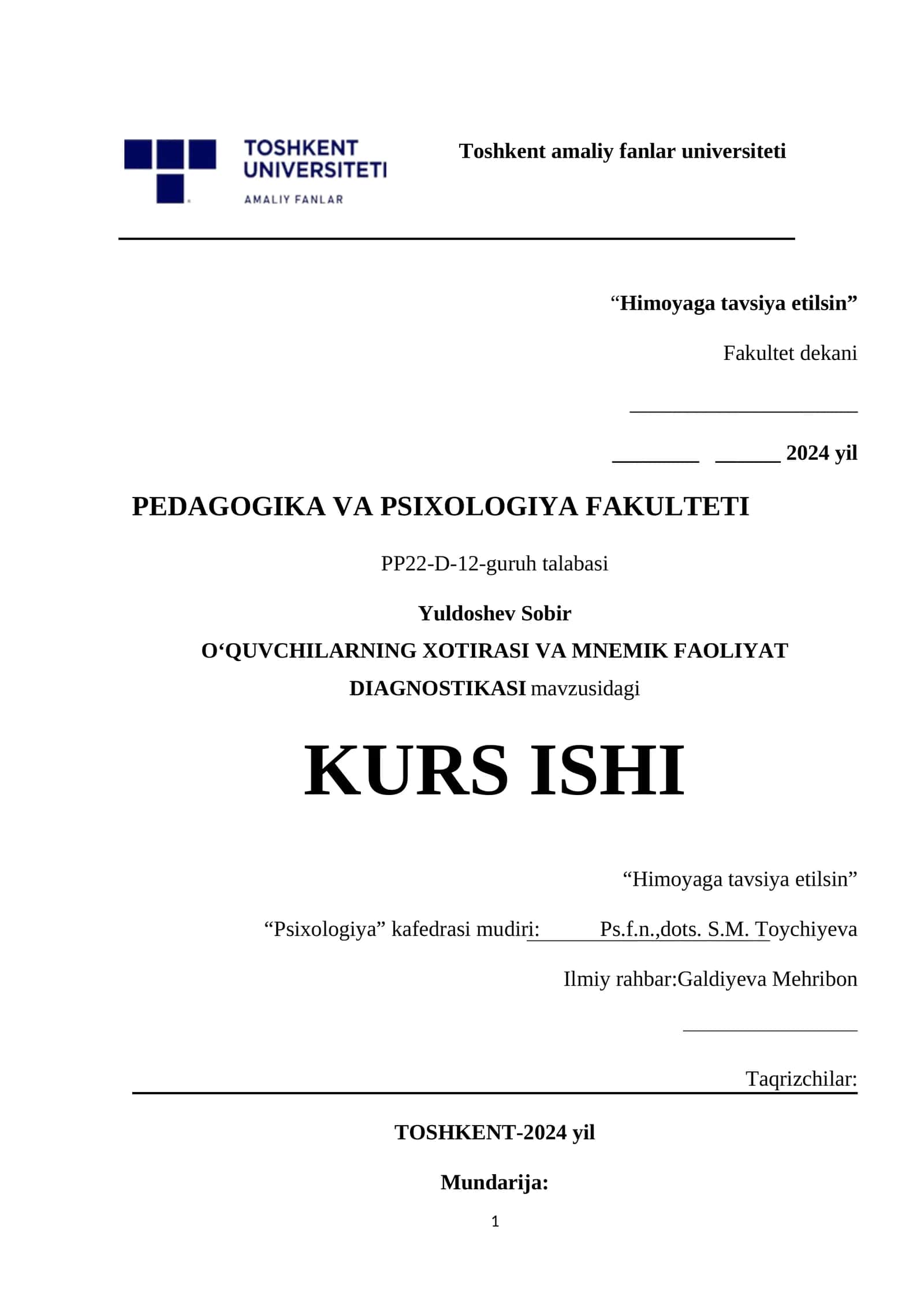 O‘QUVCHILARNING XOTIRASI VA MNEMIK FAOLIYAT DIAGNOSTIKASI