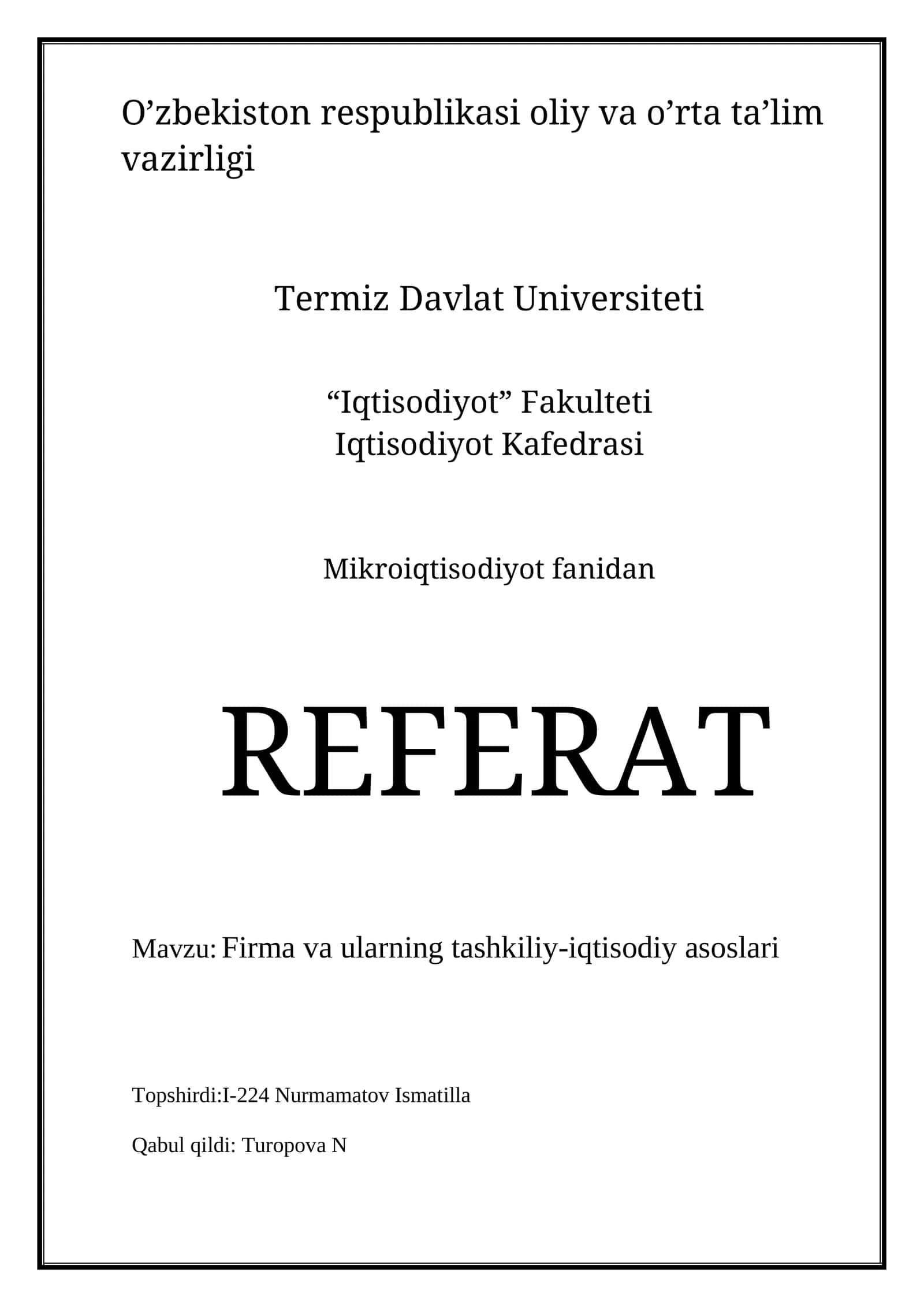 Mikroiqtisodiyot fanidan REFERAT