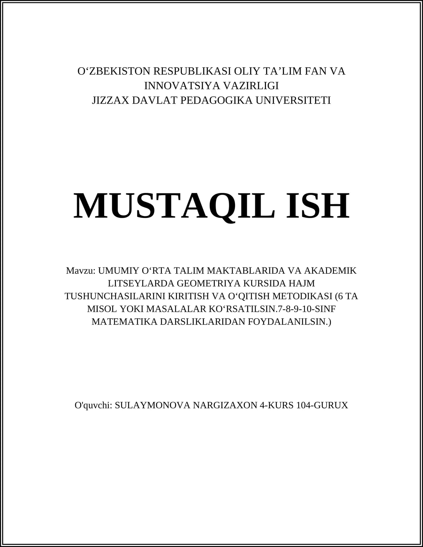 O'RTA TALIM GEOMETRIYA KURSIDA HAJM TUSHUNCHALARI