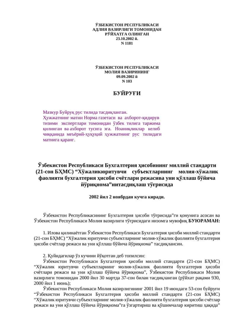 Ўзбекистон Республикаси Бухгалтерия ҳисобининг миллий стандарти (21-сон БҲМС) “Хўжалик юритувчи субъектларнинг молия-хўжалик фаолияти бухгалтерия ҳисоби счётлар режаси ва уни қўллаш бўйича йўриқнома”
