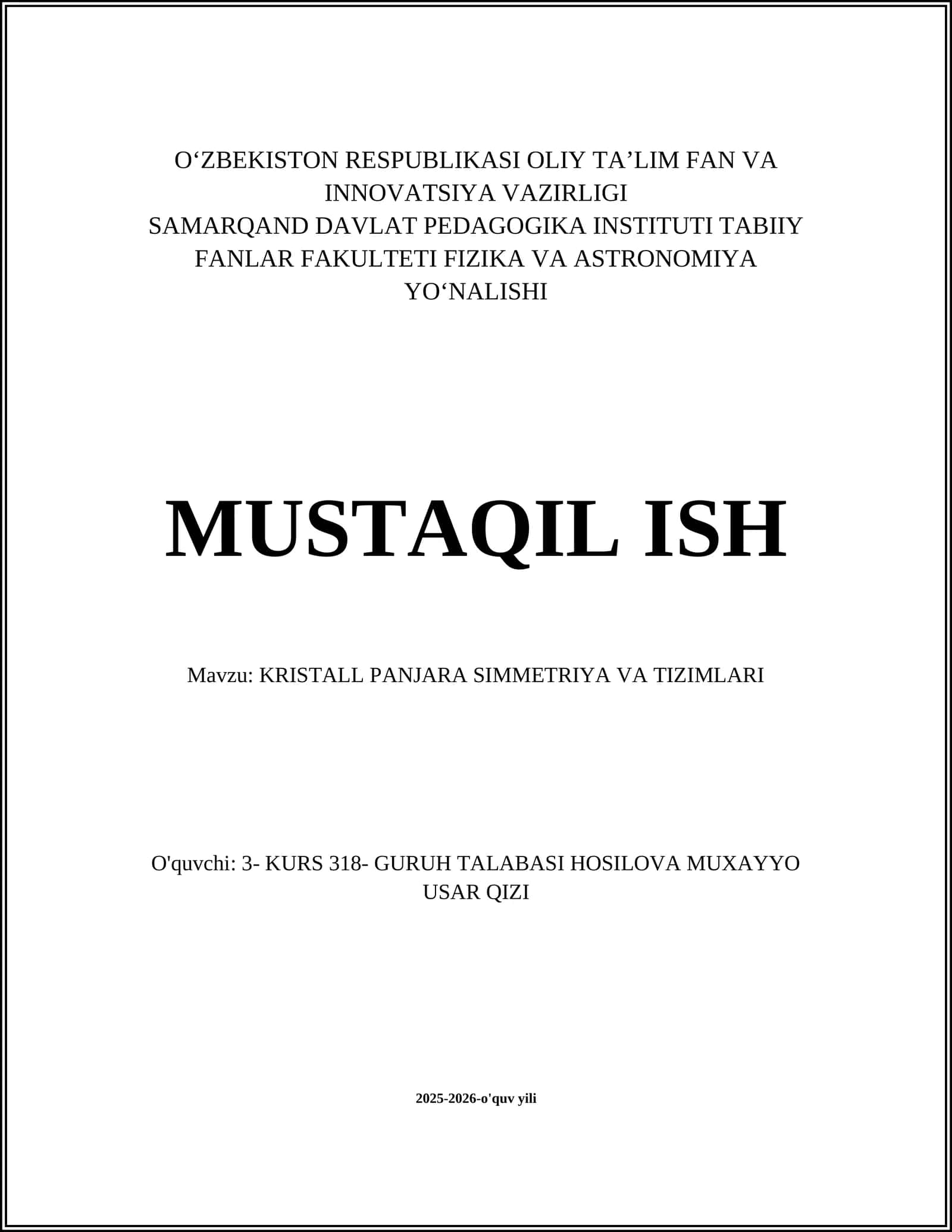 KRISTALL PANJARA SIMMETRIYA VA TIZIMLARI