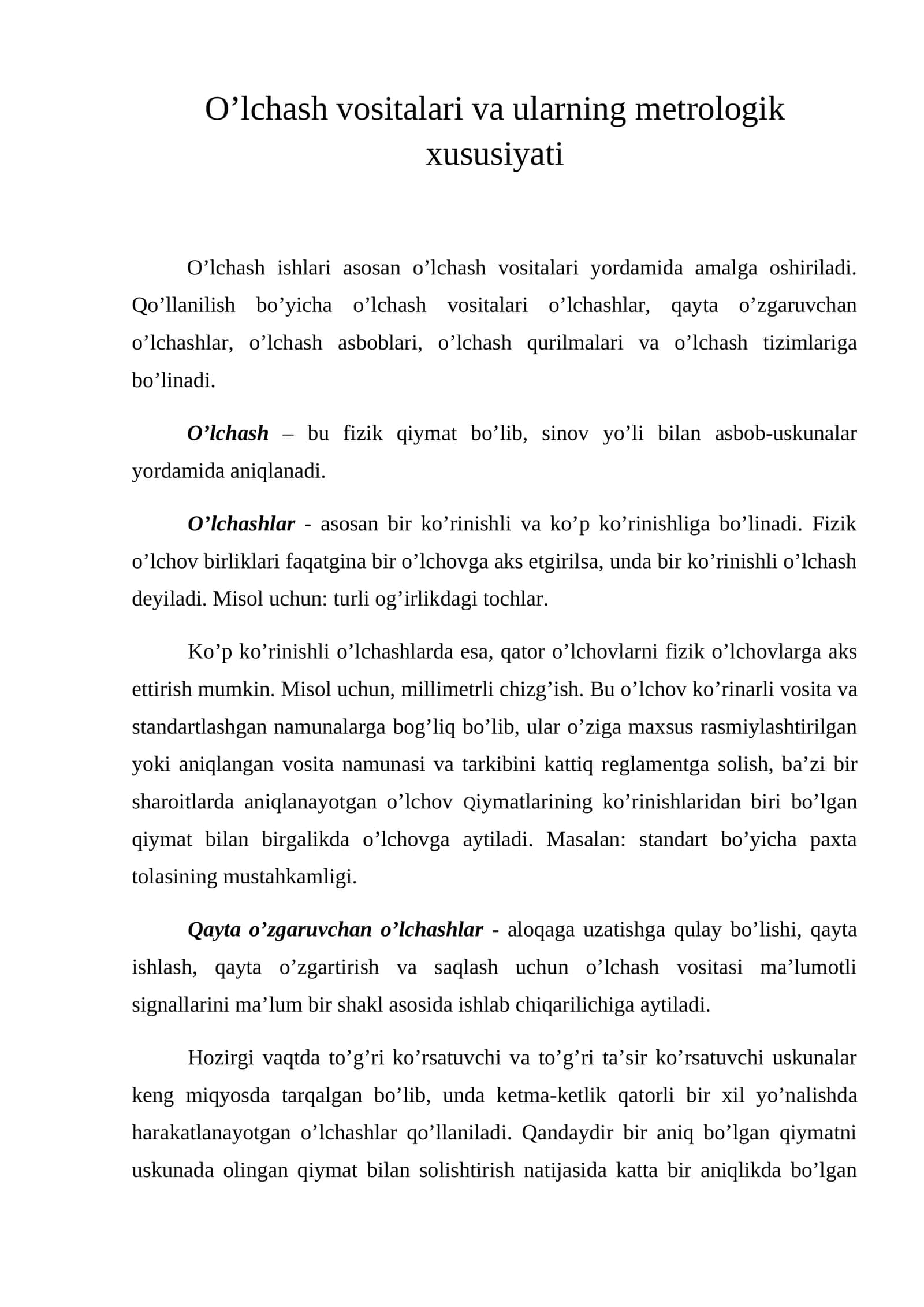 O'lchash vositalari va ularning mеtrologik xususiyati