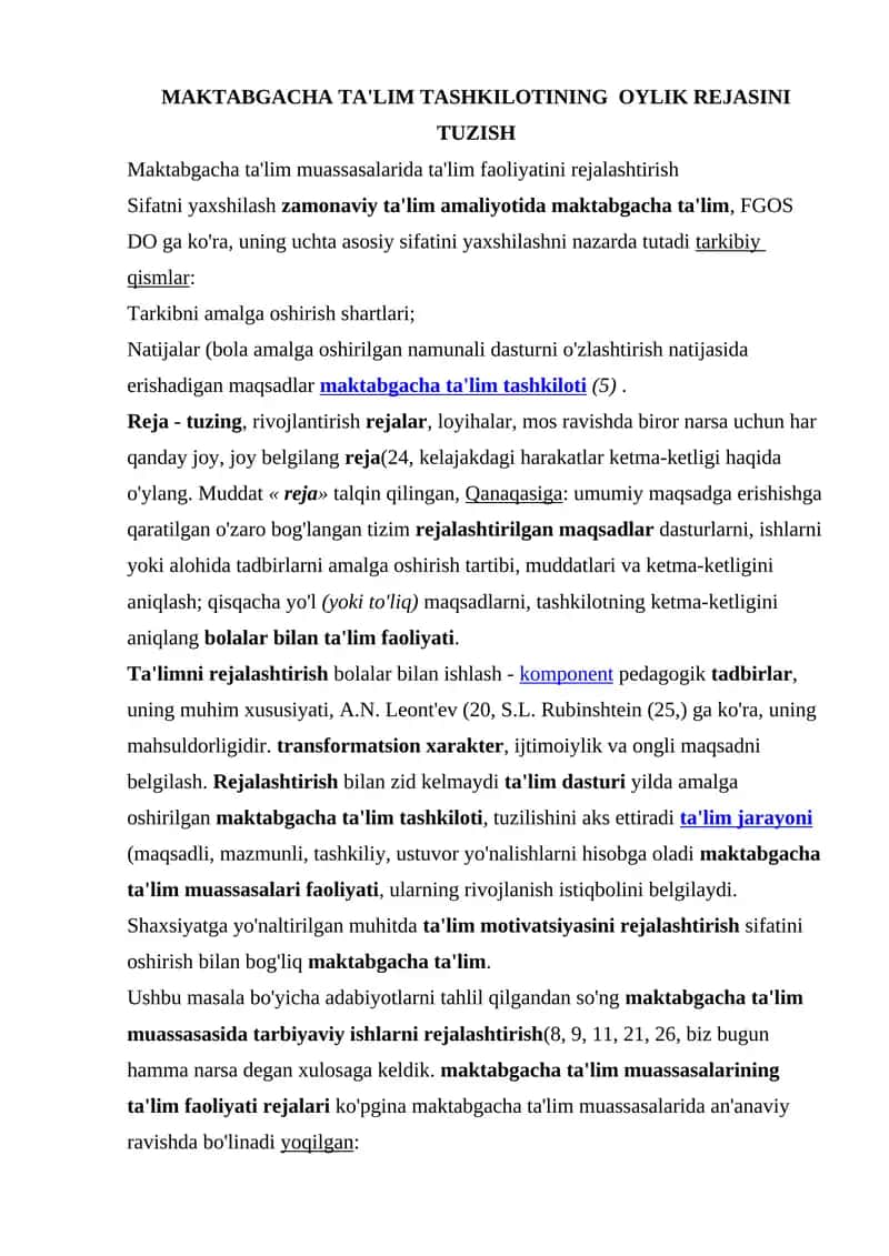 MAKTABGACHA TA'LIM TASHKILOTINING OYLIK REJASINI TUZISH