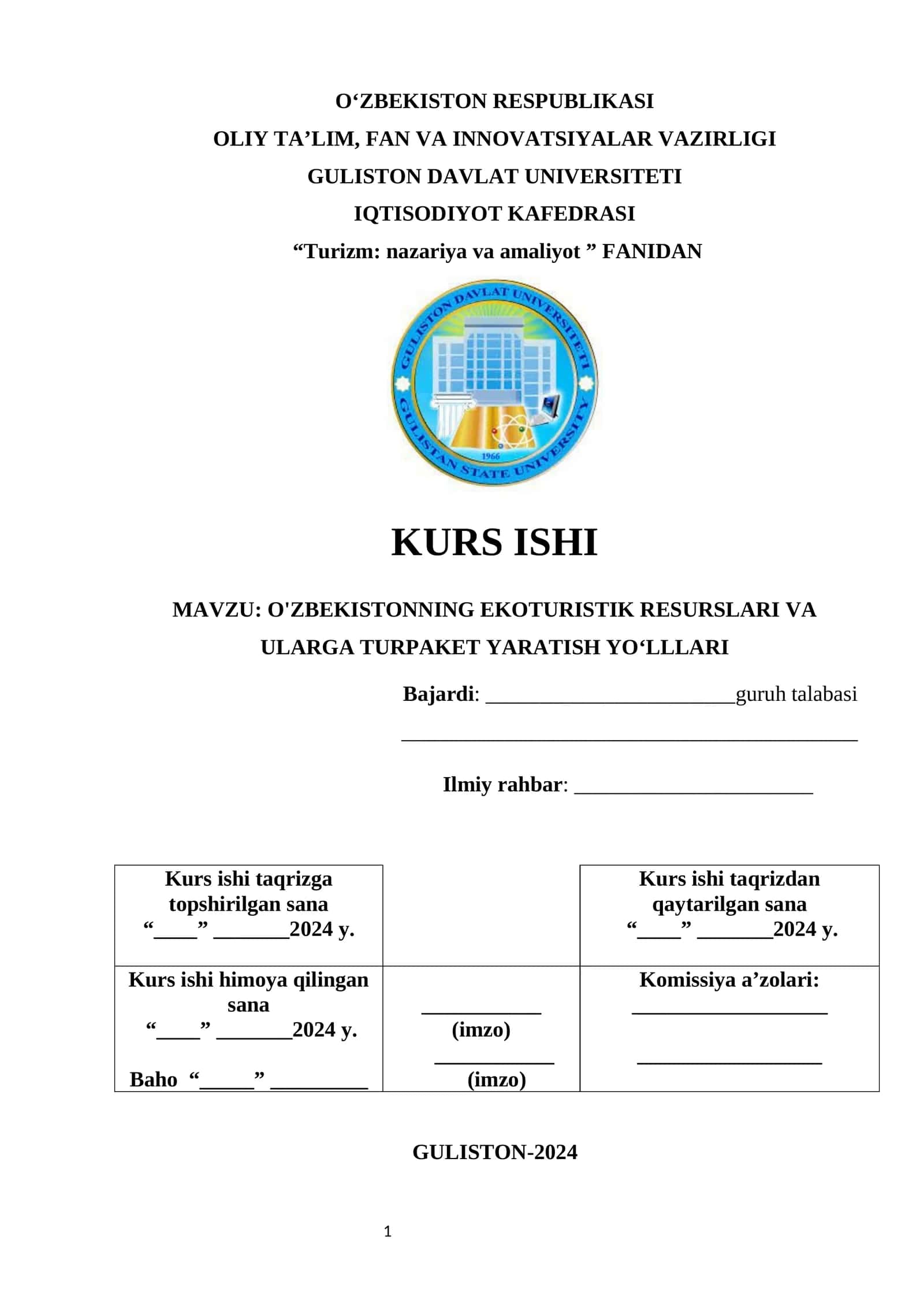 Turizm: nazariya va amaliyot KURS ISHI
