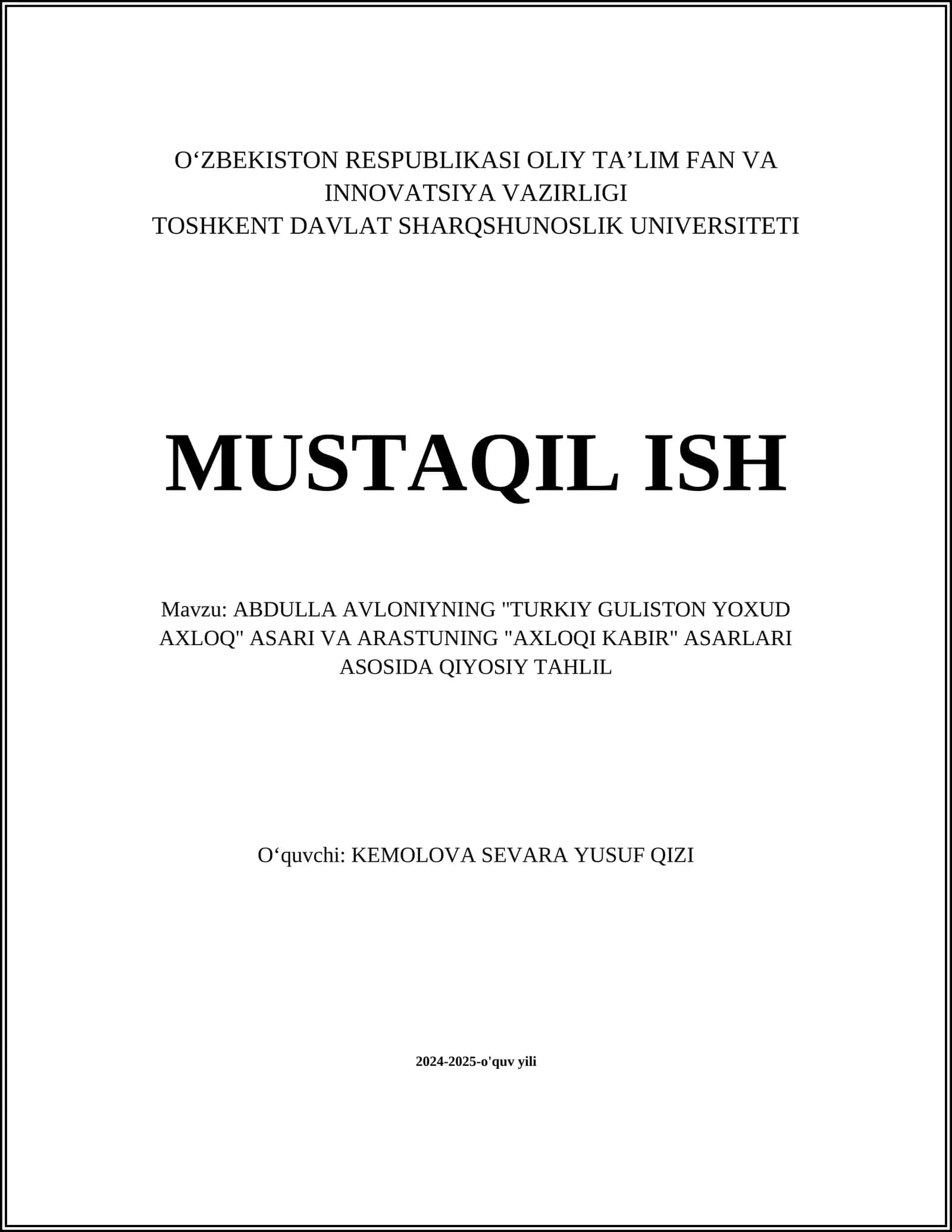 ABDULLA AVLONIYNING "TURKIY GULISTON YOXUD AXLOQ" ASARI VA ARASTUNING "AXLOQI KABIR" ASARLARI ASOSIDA QIYOSIY TAHLIL