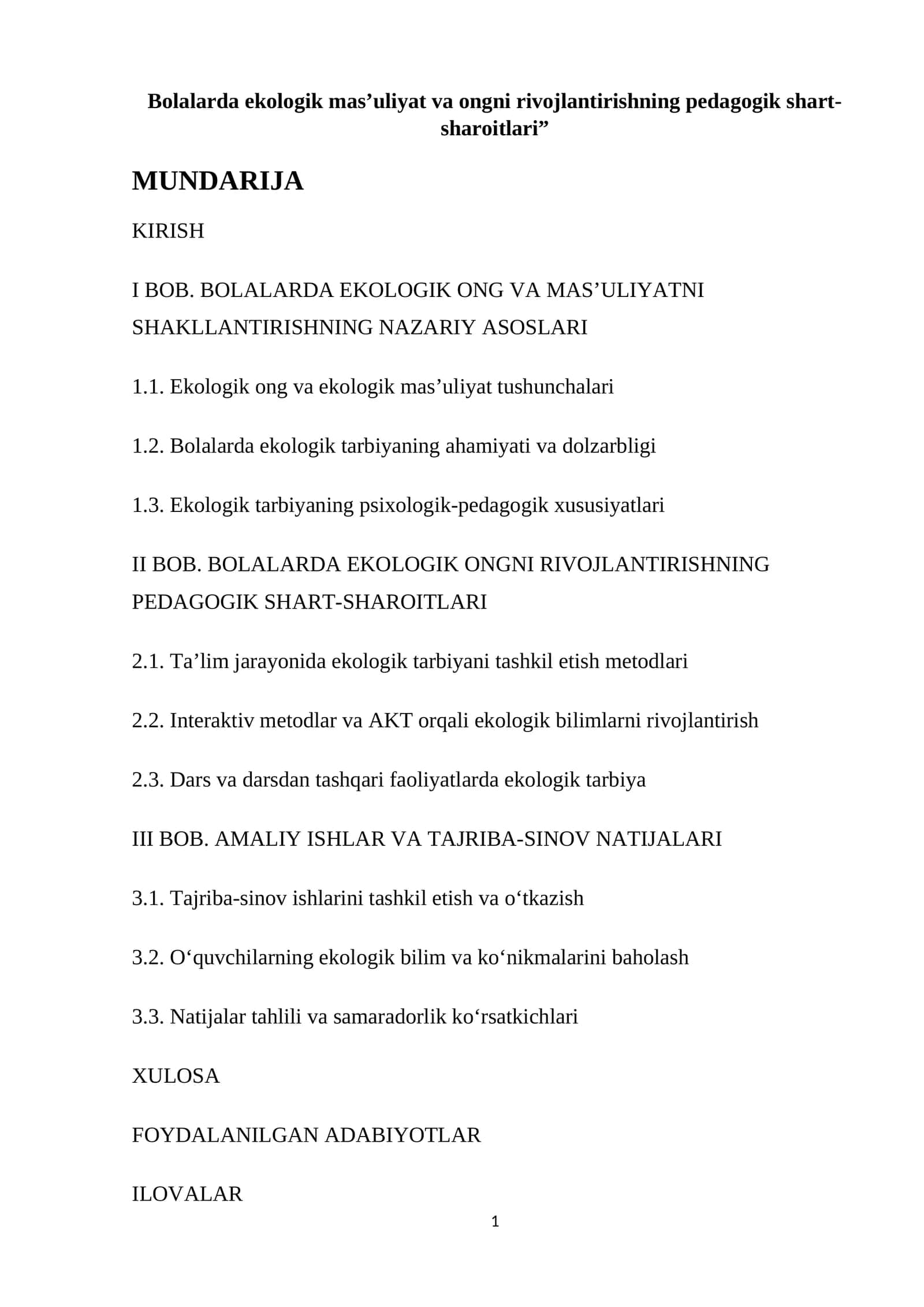 Bolalarda ekologik mas’uliyat va ongni rivojlantirishning pedagogik shart-sharoitlari