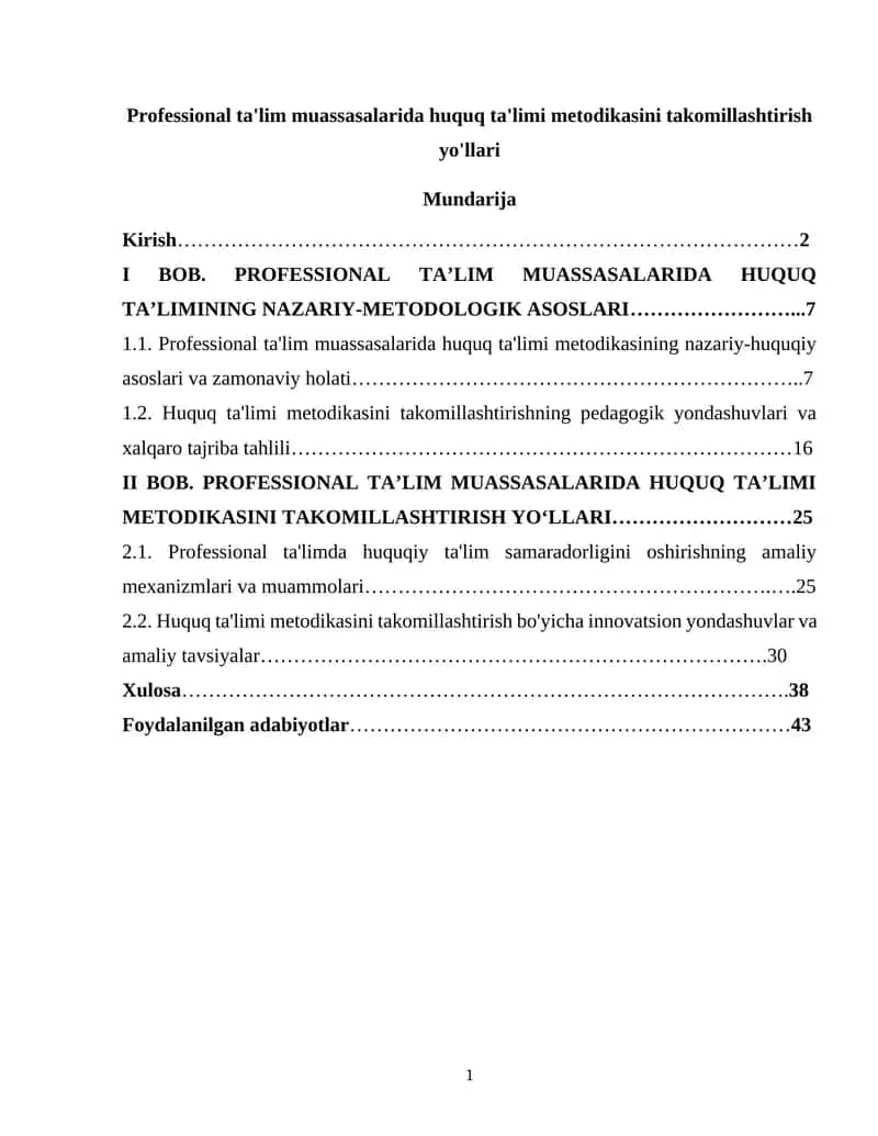 Professional ta'lim muassasalarida huquq ta'limi metodikasini takomillashtirish yo'llari