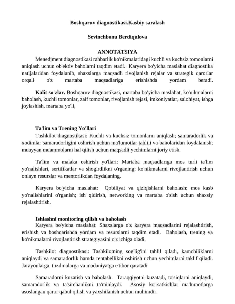 Boshqaruv diagnostikasi.Kasbiy saralash