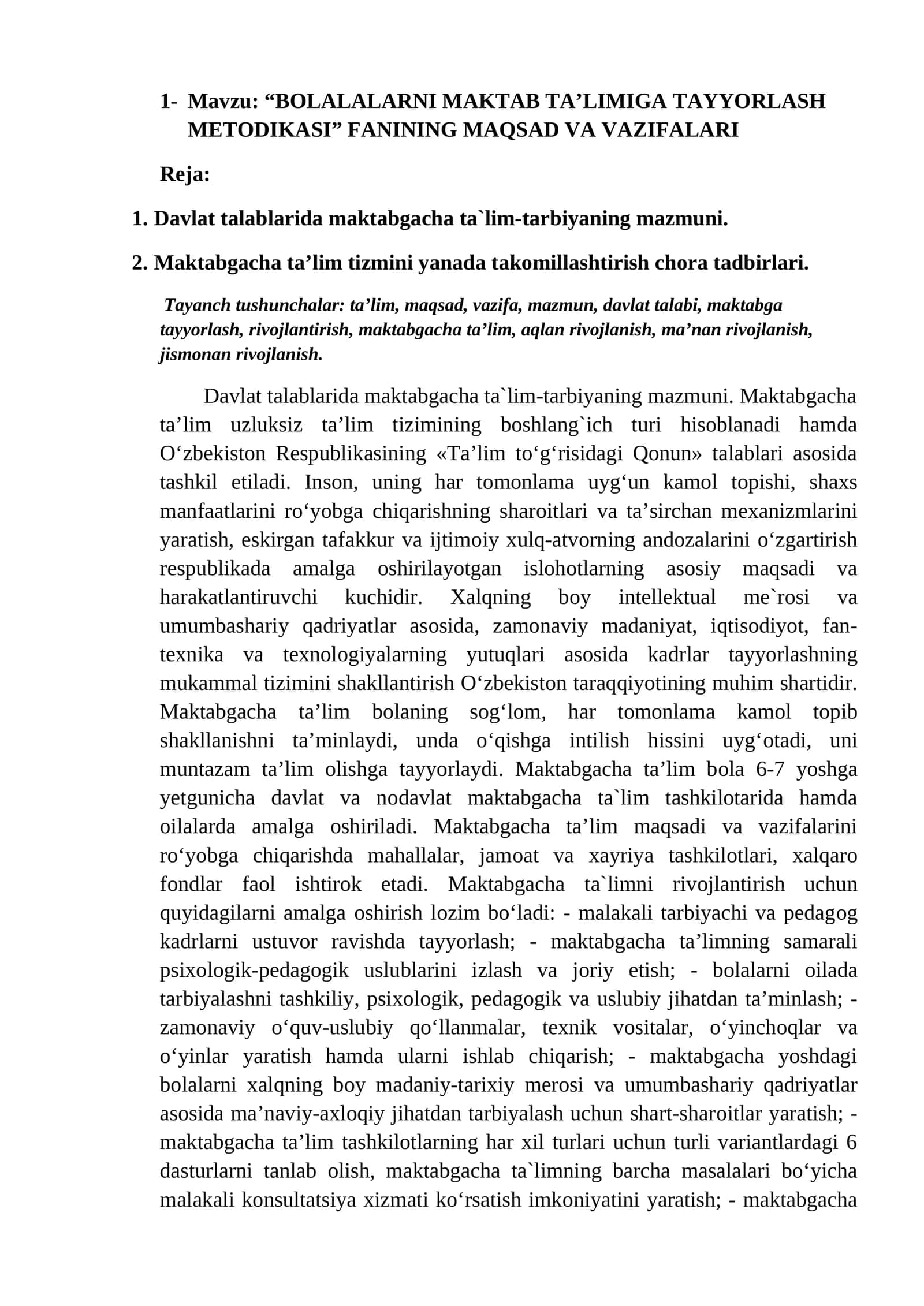 “BOLALALARNI MAKTAB TA’LIMIGA TAYYORLASH METODIKASI” FANINING MAQSAD VA VAZIFALARI