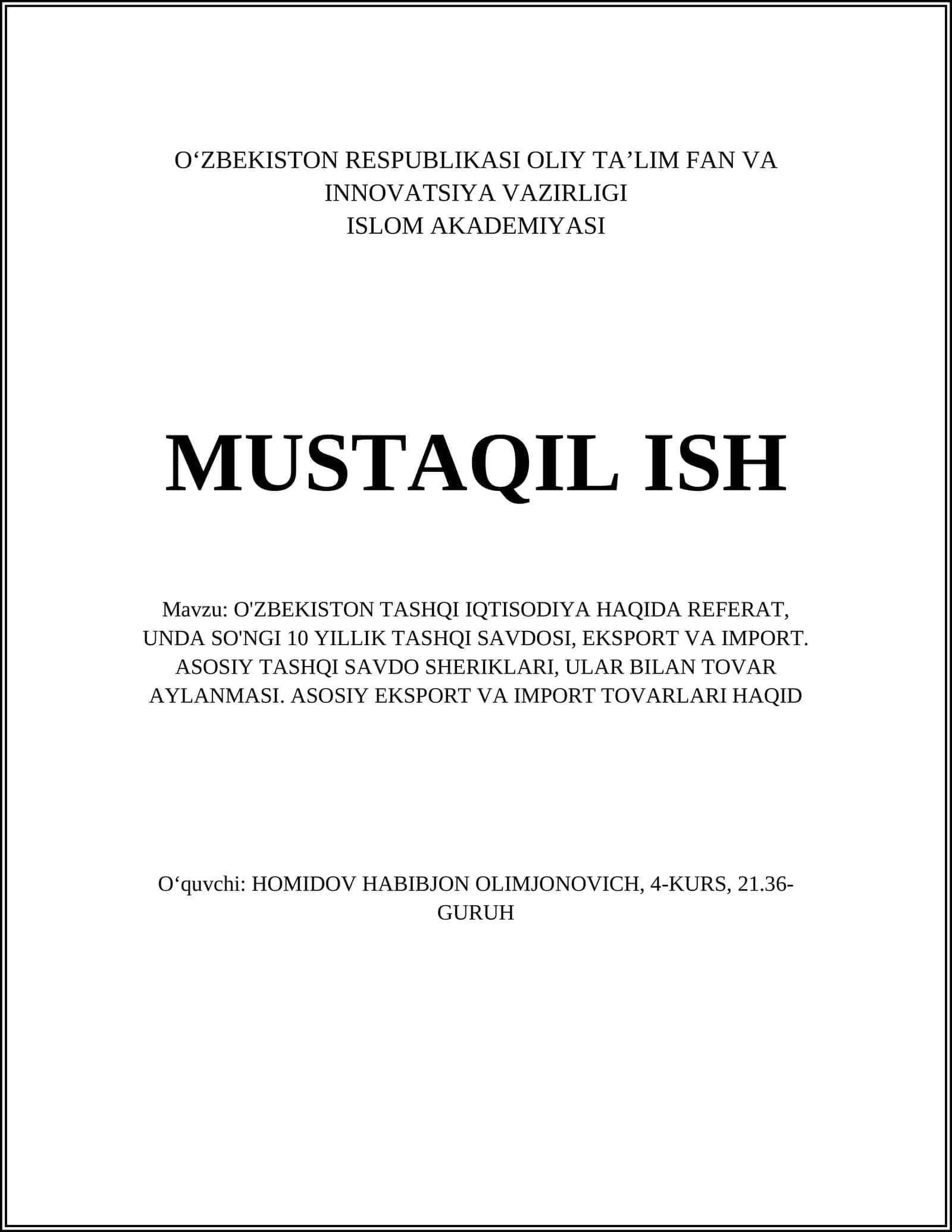 O'ZBEKISTON TASHQI IQTISODIYA HAQIDA REFERAT