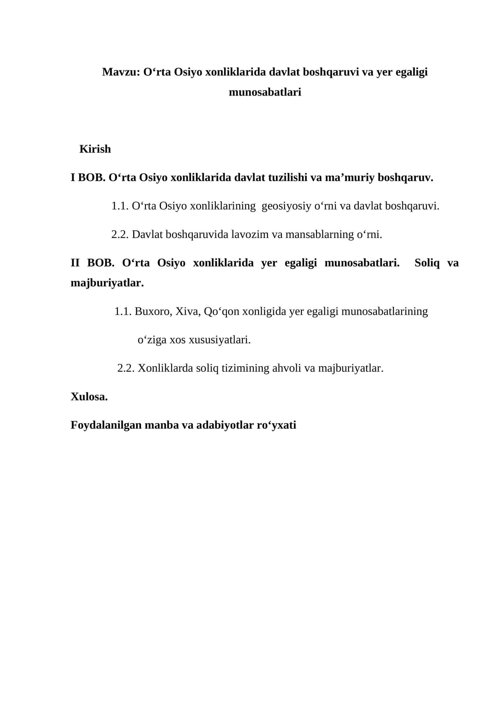 O‘rta Osiyo xonliklarida davlat boshqaruvi va yer egaligi munosabatlari