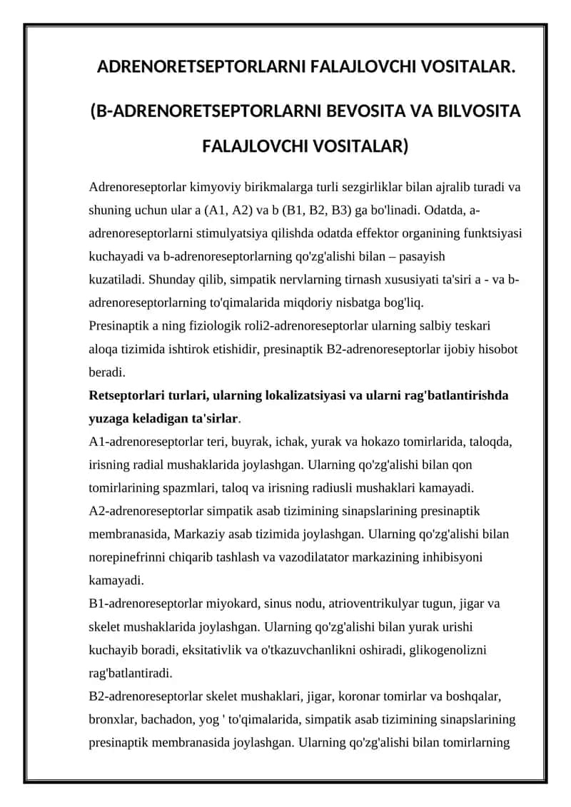 ADRENORETSEPTORLARNI FALAJLOVCHI VOSITALAR