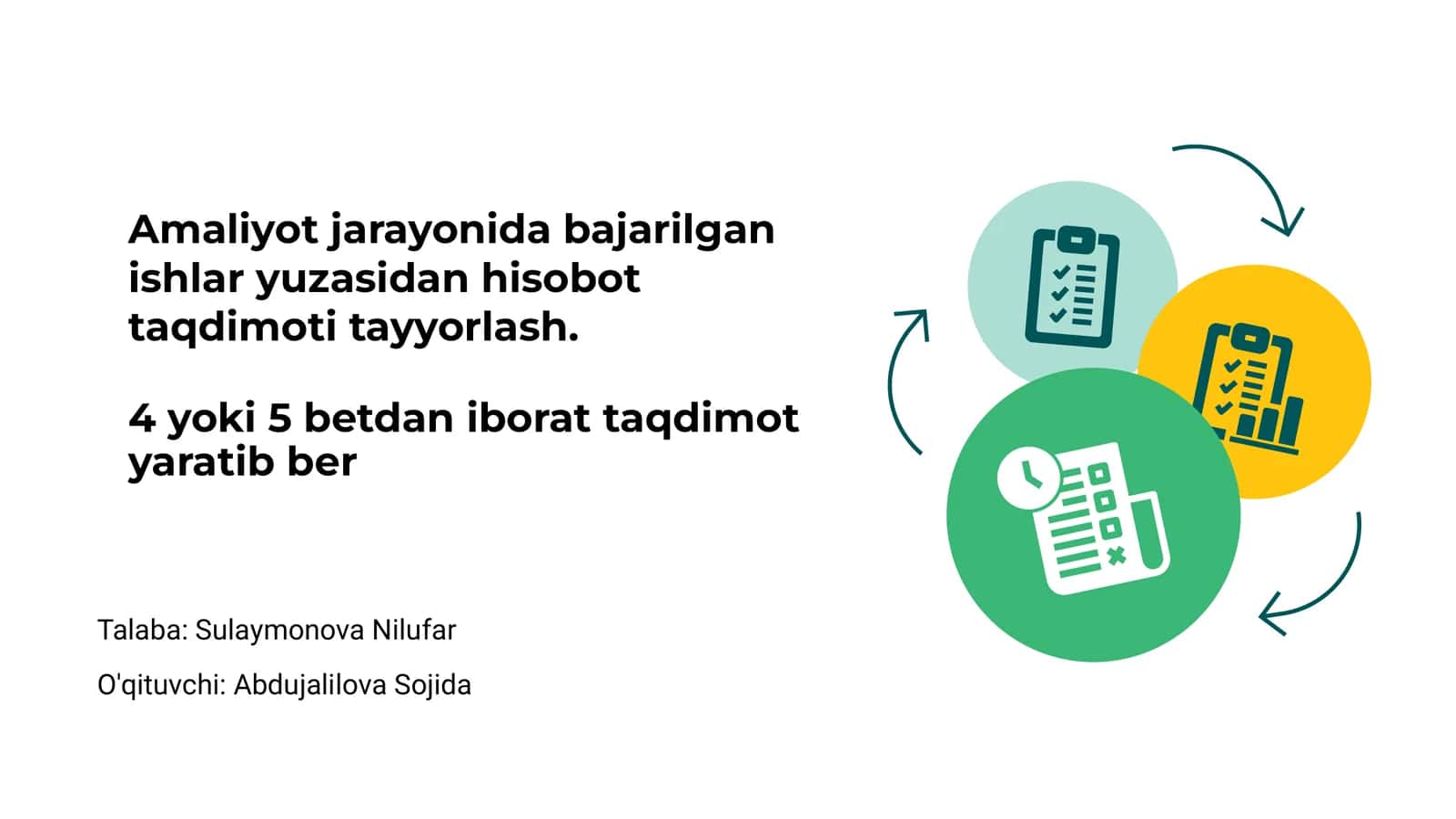 Amaliyot jarayonida bajarilgan ishlar yuzasidan hisobot taqdimoti tayyorlash