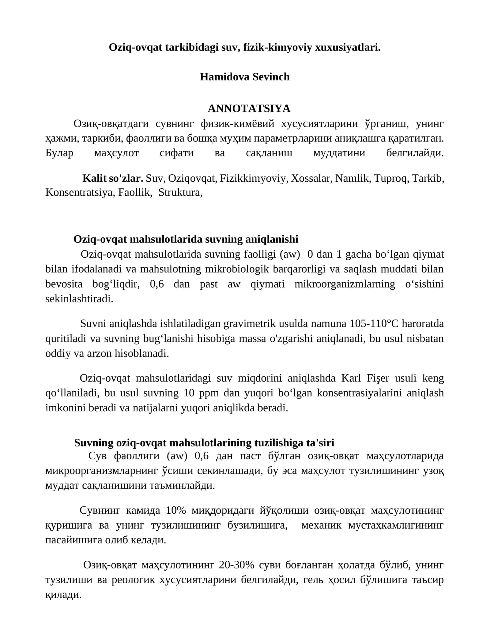 Oziq-ovqat mahsulotlarida suvning aniqlanishi