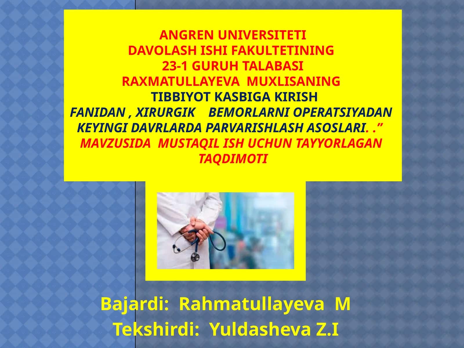 XIRURGIK BEMORLARNI OPERATSIYADAN KEYINGI DAVRLARDA PARVARISHLASH ASOSLARI