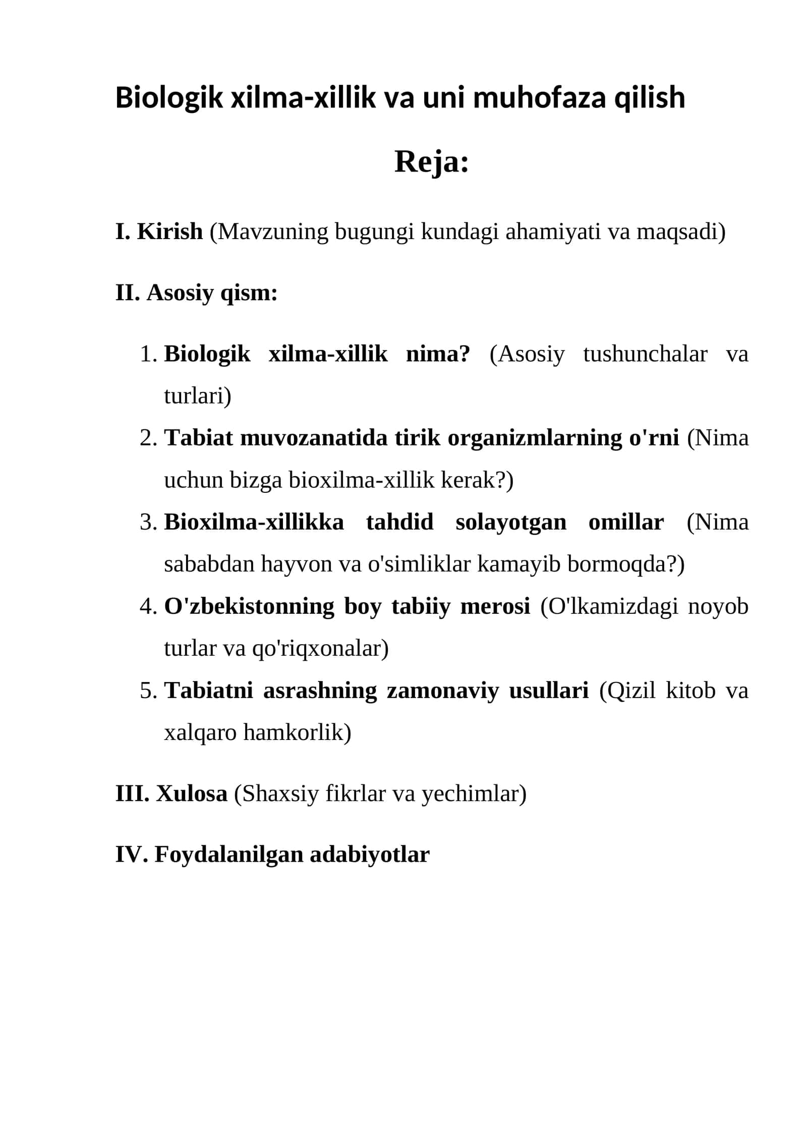 Biologik xilma-xillik va uni muhofaza qilish