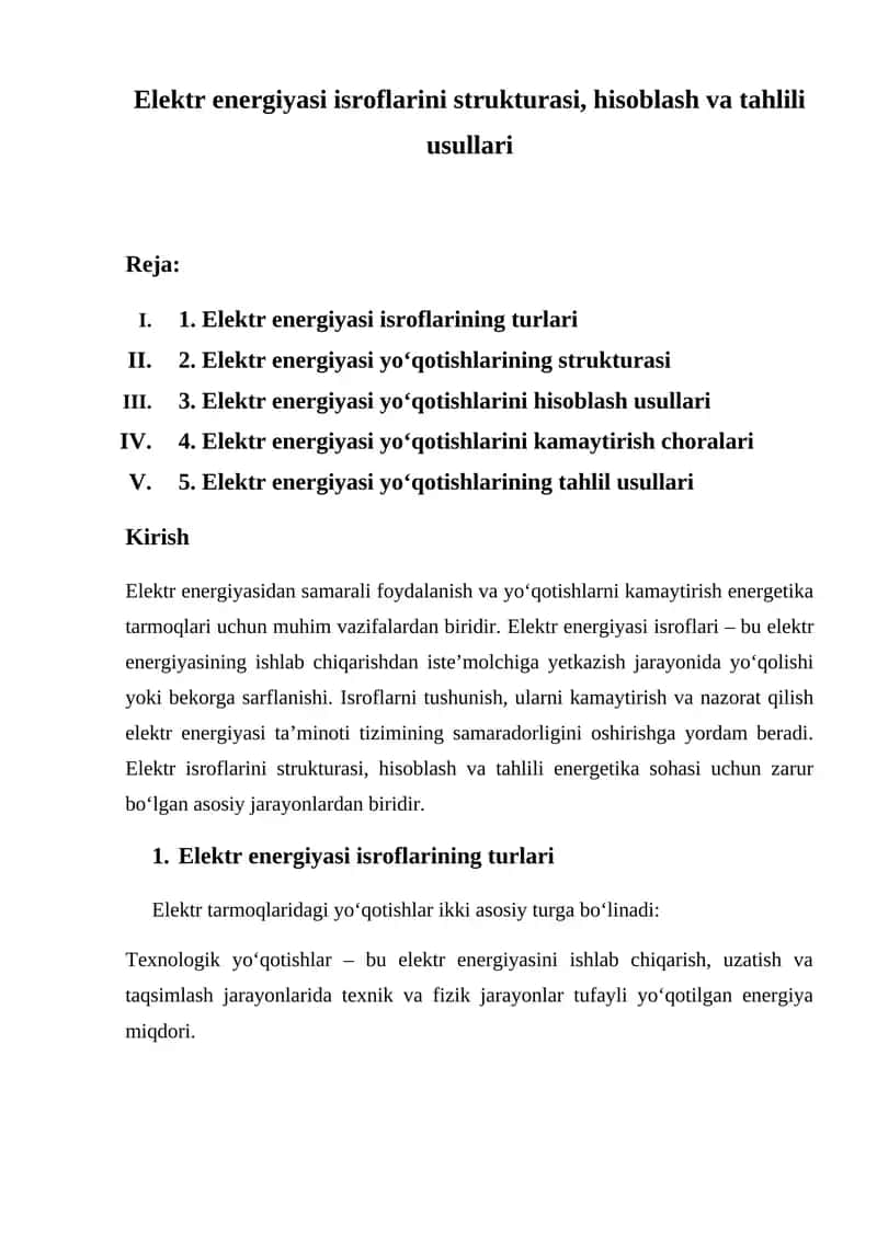 Elektr energiyasi isroflarini strukturasi, hisoblash va tahlili usullari