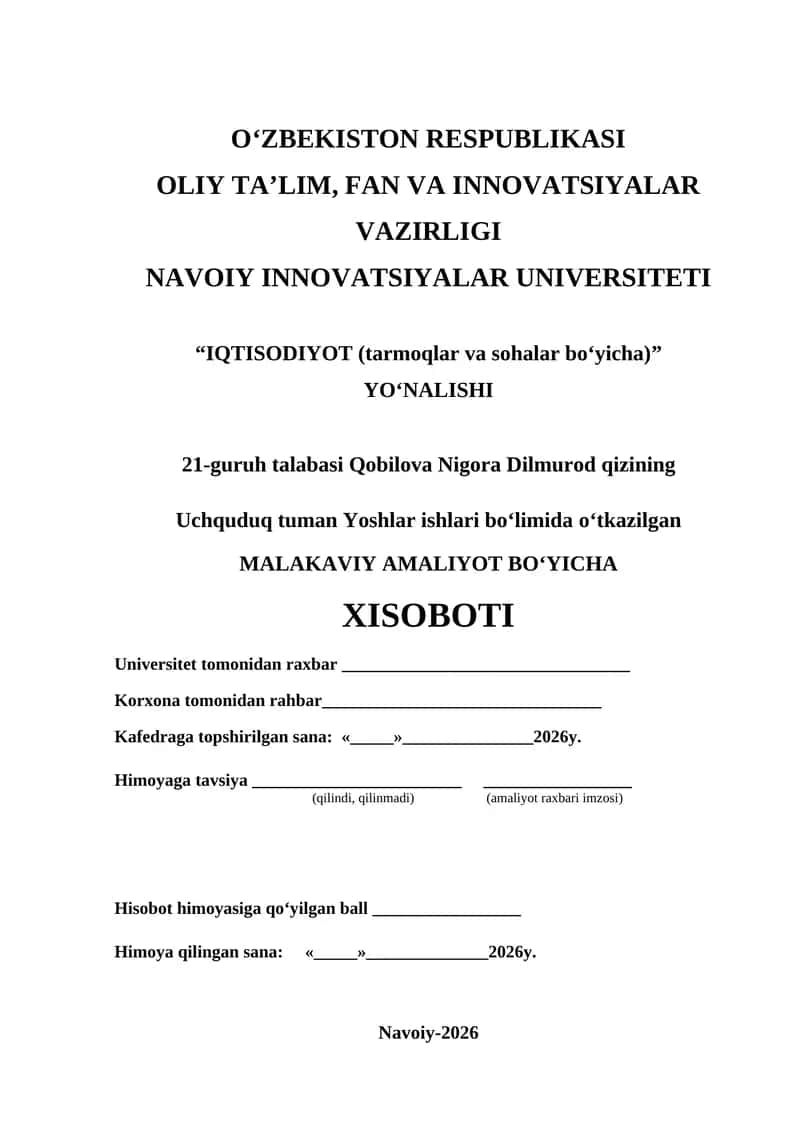 Uchquduq Tuman Yoshlar ishlari Amaliyoti Xisoboti