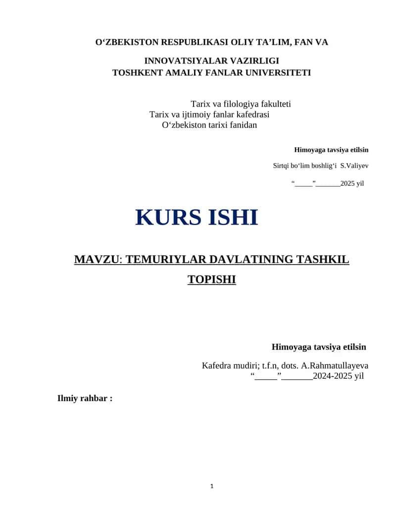 TEMURIYLAR DAVLATINING TASHKIL TOPISHI