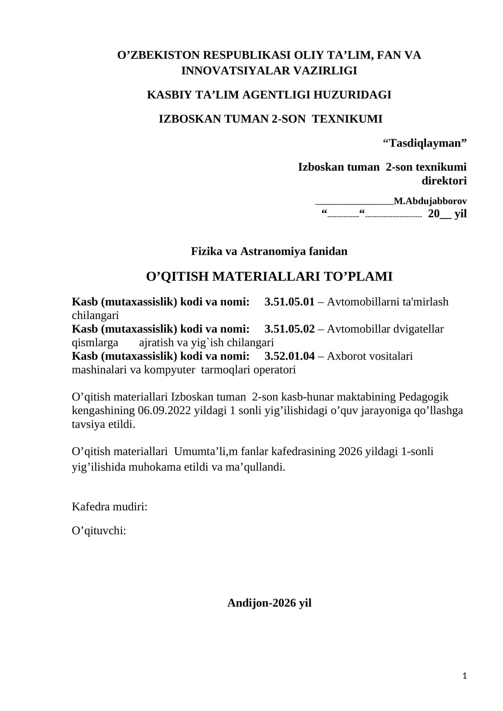 O’QITISH MATERIALLARI TO’PLAMI