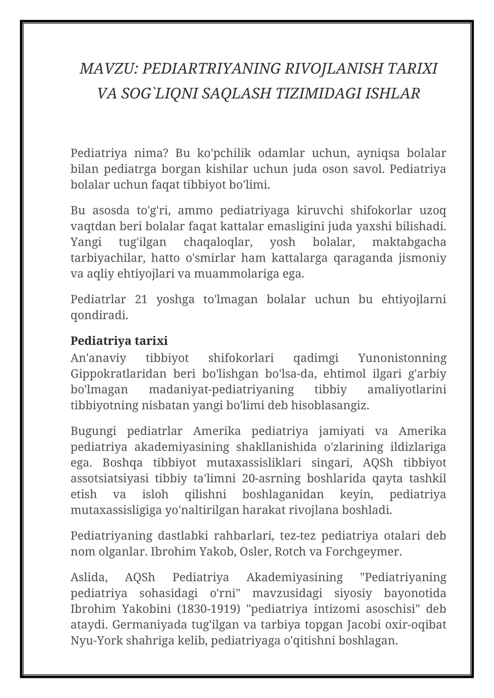 Pediatriyaning Rivojlanish Tarixi va Sog`liqni Saqlash Tizimidagi Ishlar
