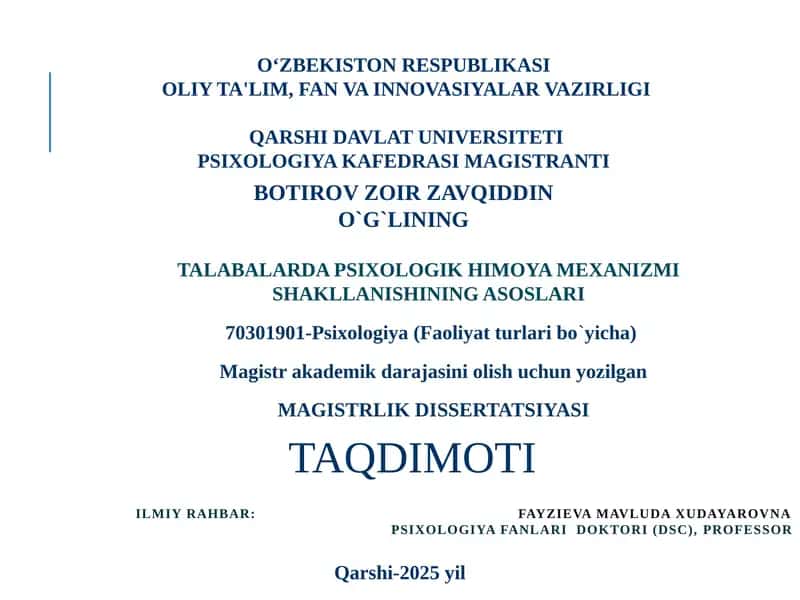 TALABALARDA PSIXOLOGIK HIMOYA MEXANIZMI SHAKLLANISHINING ASOSLARI