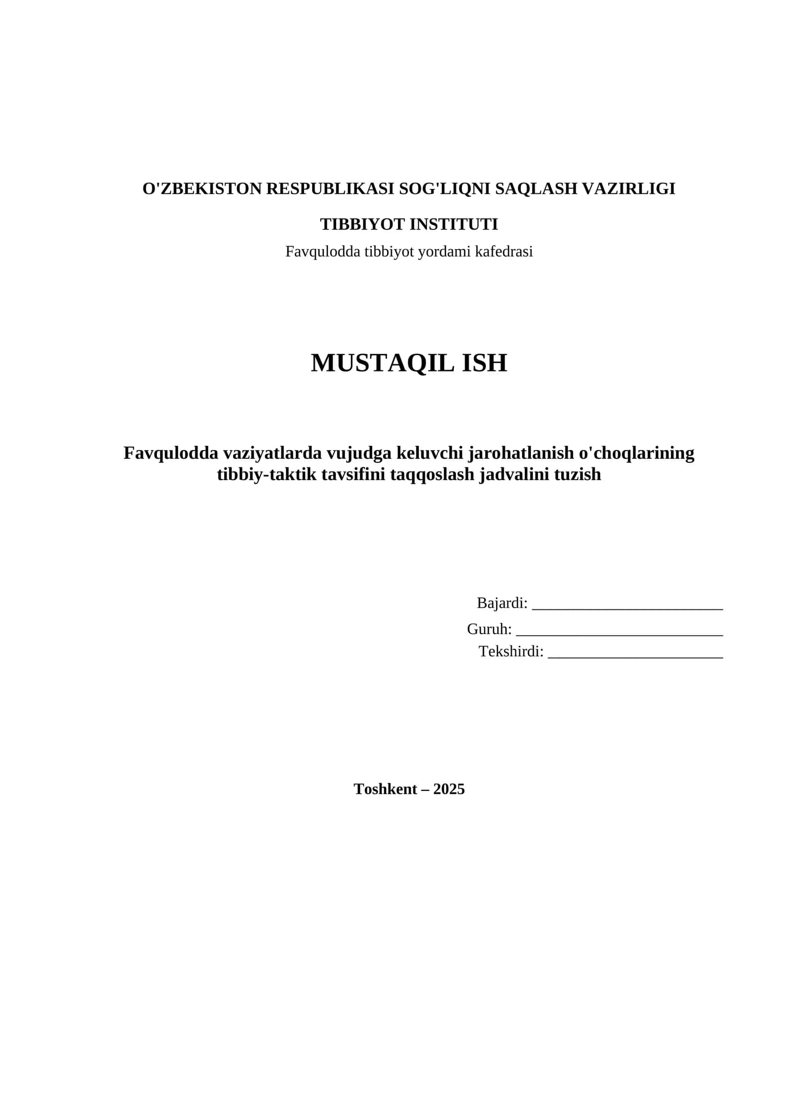 Favqulodda vaziyatlarda vujudga keluvchi jaroxatlanish
o'choqlarining tibbiy - taktik tavsifi