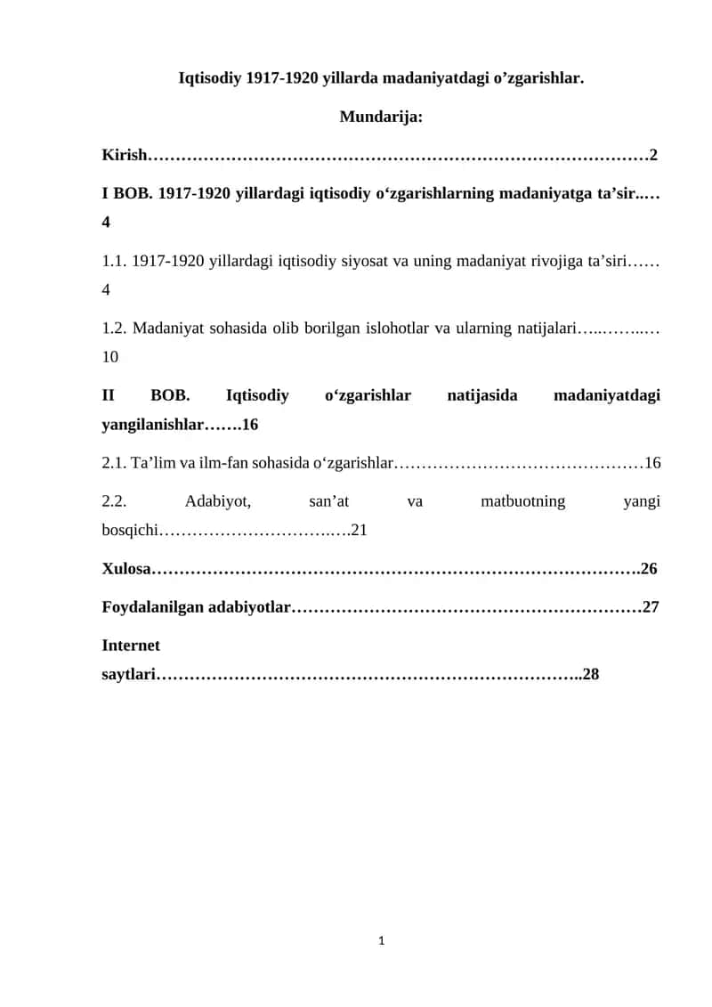 Iqtisodiy 1917-1920 yillarda madaniyatdagi o’zgarishlar