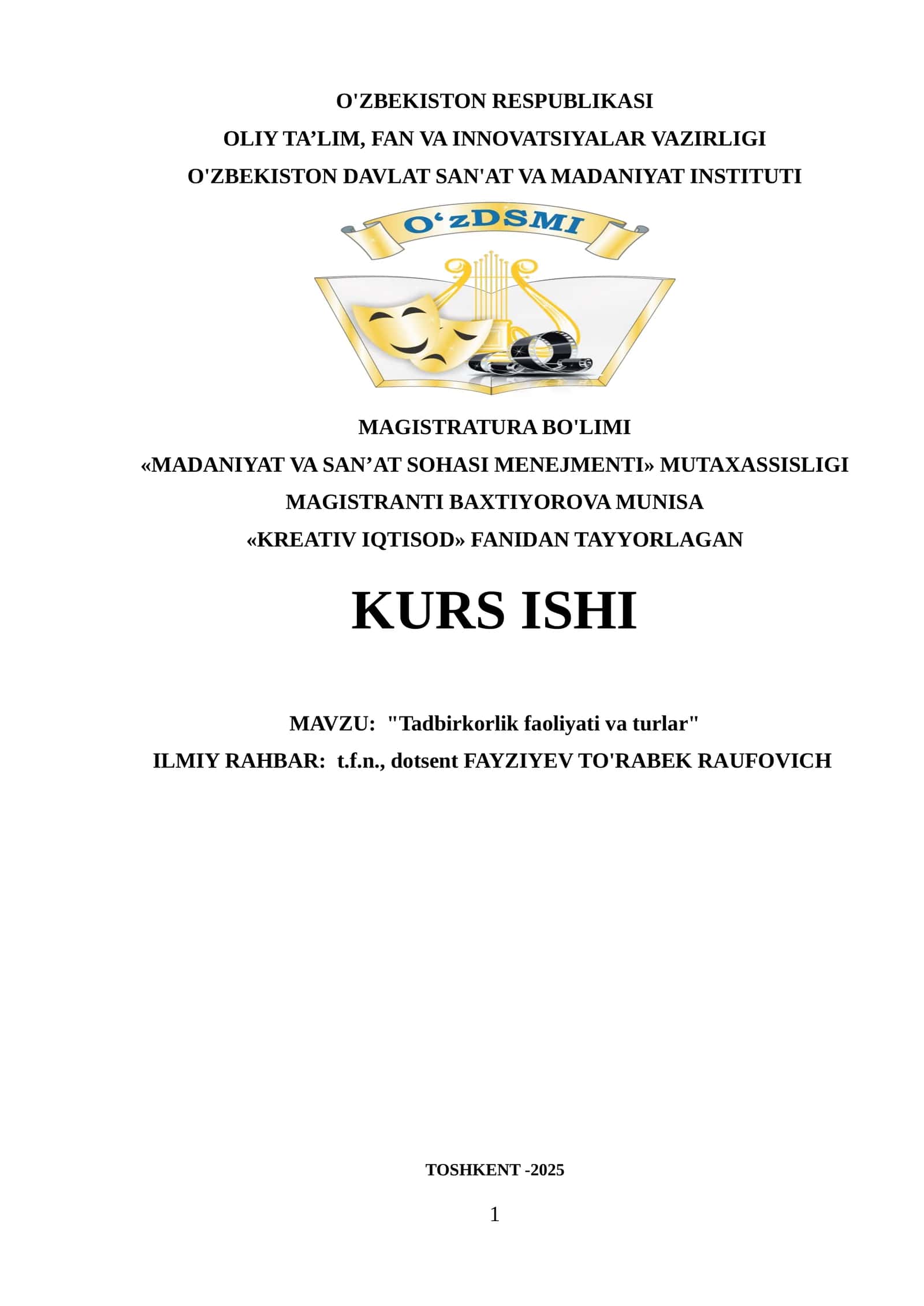 KREATIV IQTISOD FANIDAN TAYYORLAGAN KURS ISHI