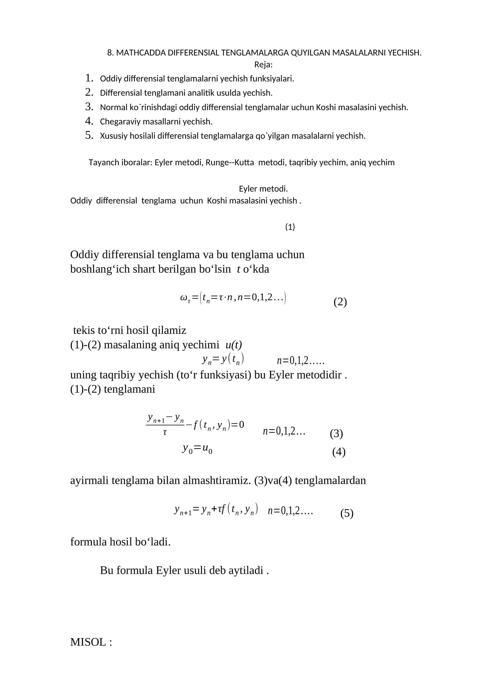MATHCADDA DIFFERENSIAL TENGLAMALARGA QUYILGAN MASALALARNI YECHISH