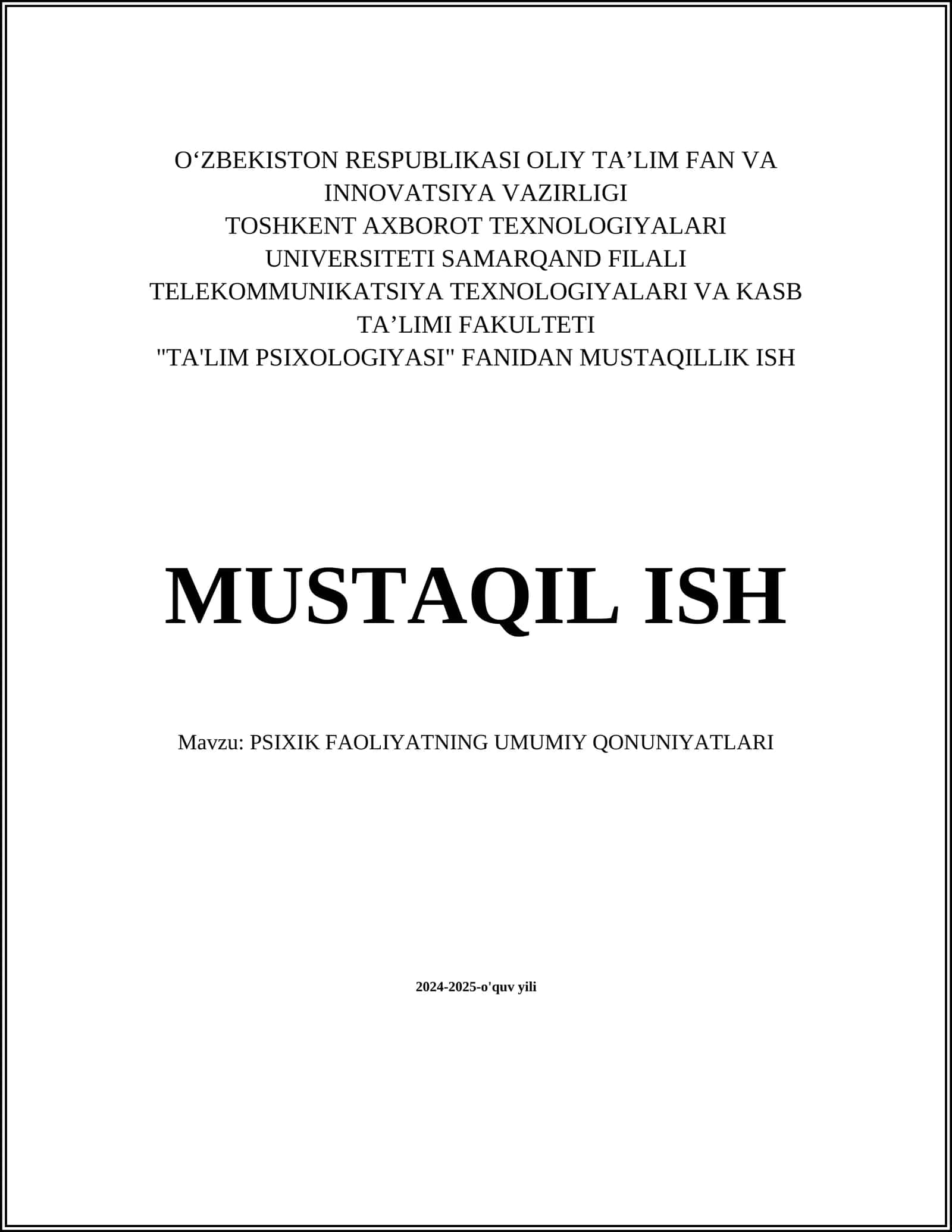 PSIXIK FAOLIYATNING UMUMIY QONUNIYATLARI
