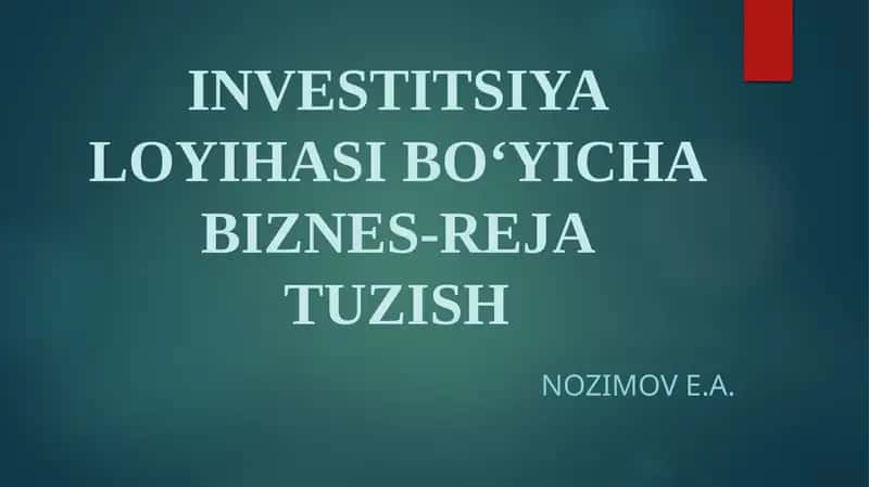 INVESTITSIYA LOYIHASI BO‘YICHA BIZNES-REJA TUZISH