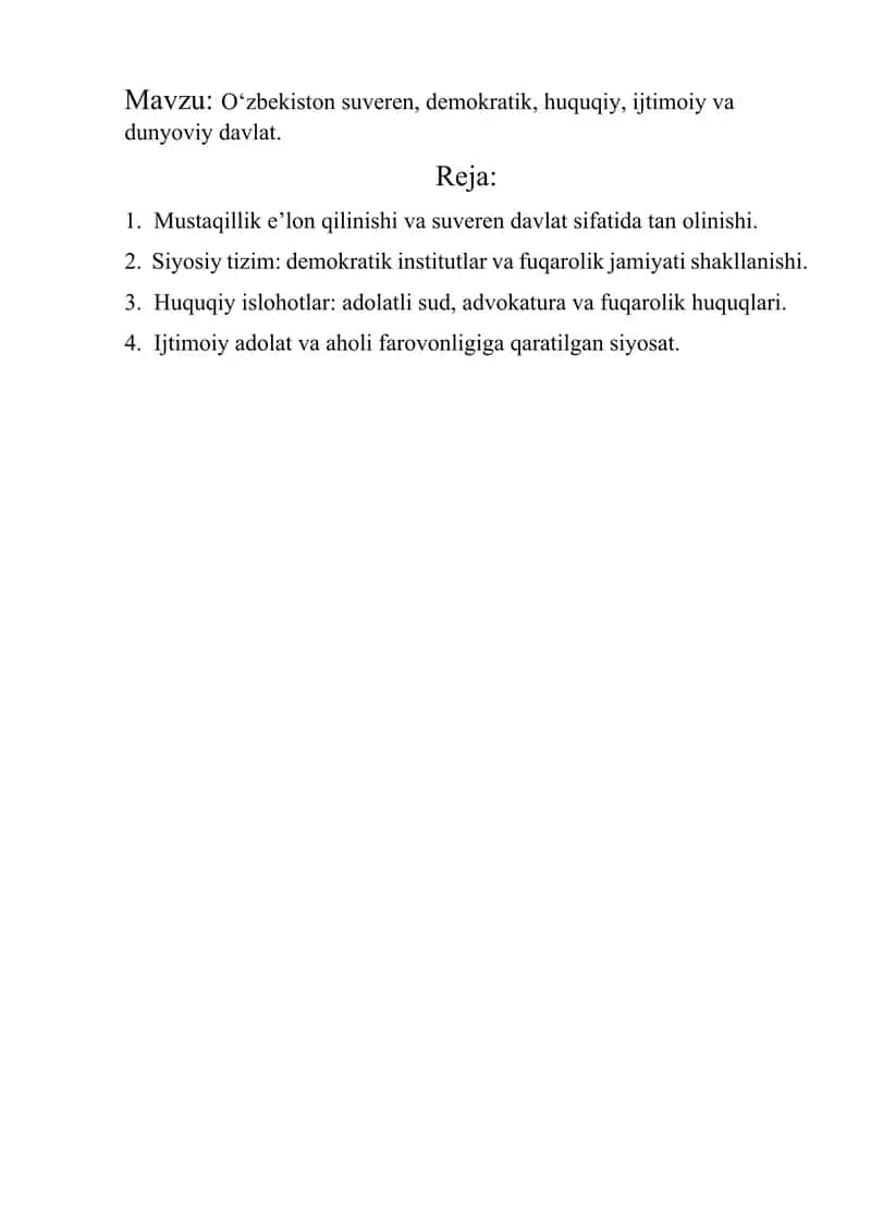O‘zbekiston suveren, demokratik, huquqiy, ijtimoiy va dunyoviy davlat