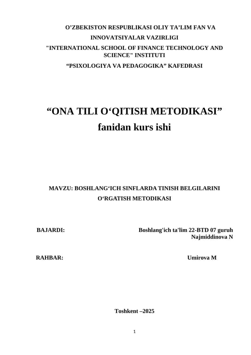 BOSHLANGʻICH SINFLARDA TINISH BELGILARINI OʻRGATISH METODIKASI......