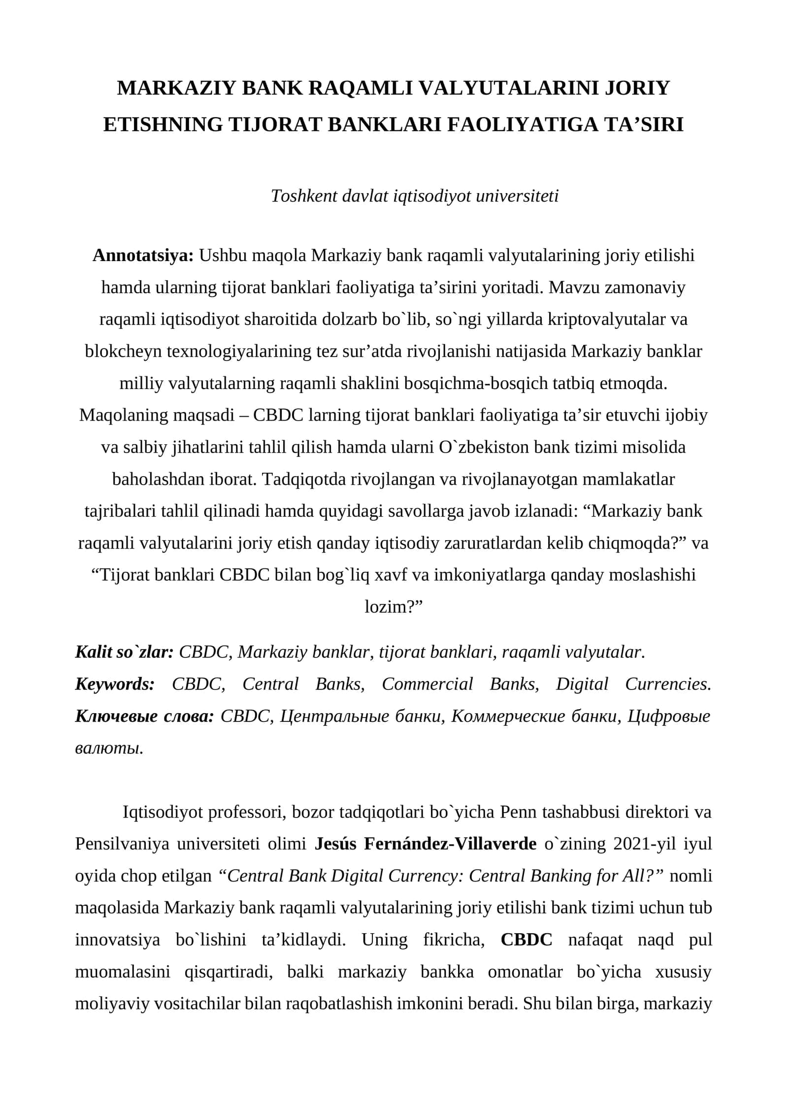 MARKAZIY BANK RAQAMLI VALYUTALARINI JORIY ETISHNING TIJORAT BANKLARI FAOLIYATIGA TA’SIRI docx