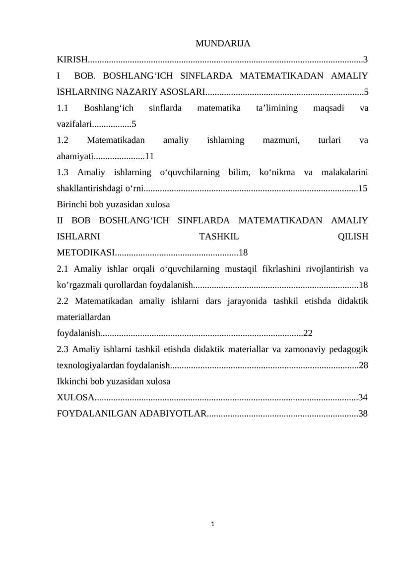 Boshlang'ich sinflarda matematikadan amaliy ishlar