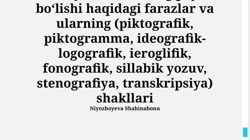 Til va yozuv, ularning paydo bo‘lishi haqidagi farazlar va ularning (piktografik, piktogramma, ideografik-logografik, ieroglifik, fonografik, sillabik yozuv, stenografiya, transkripsiya) shakllari