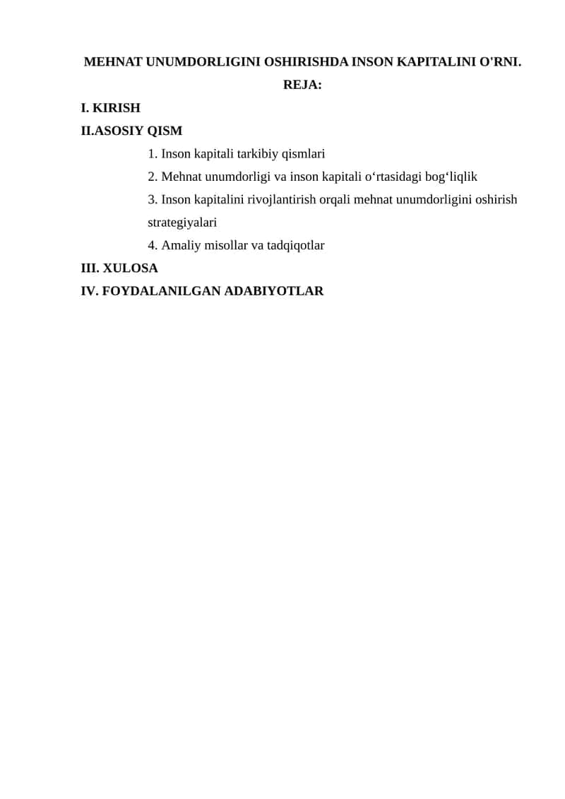 Inson kapitali va mehnat unumdorligi
