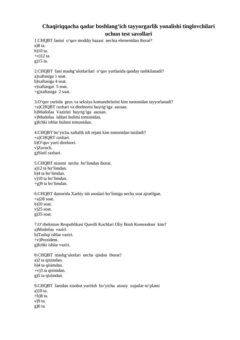 CHQBT fanidan test savollari