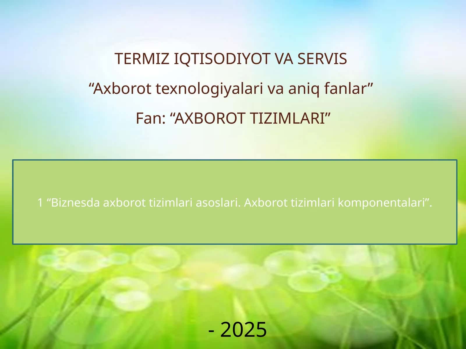 Biznesda axborot tizimlari asoslari. Axborot tizimlari komponentalari