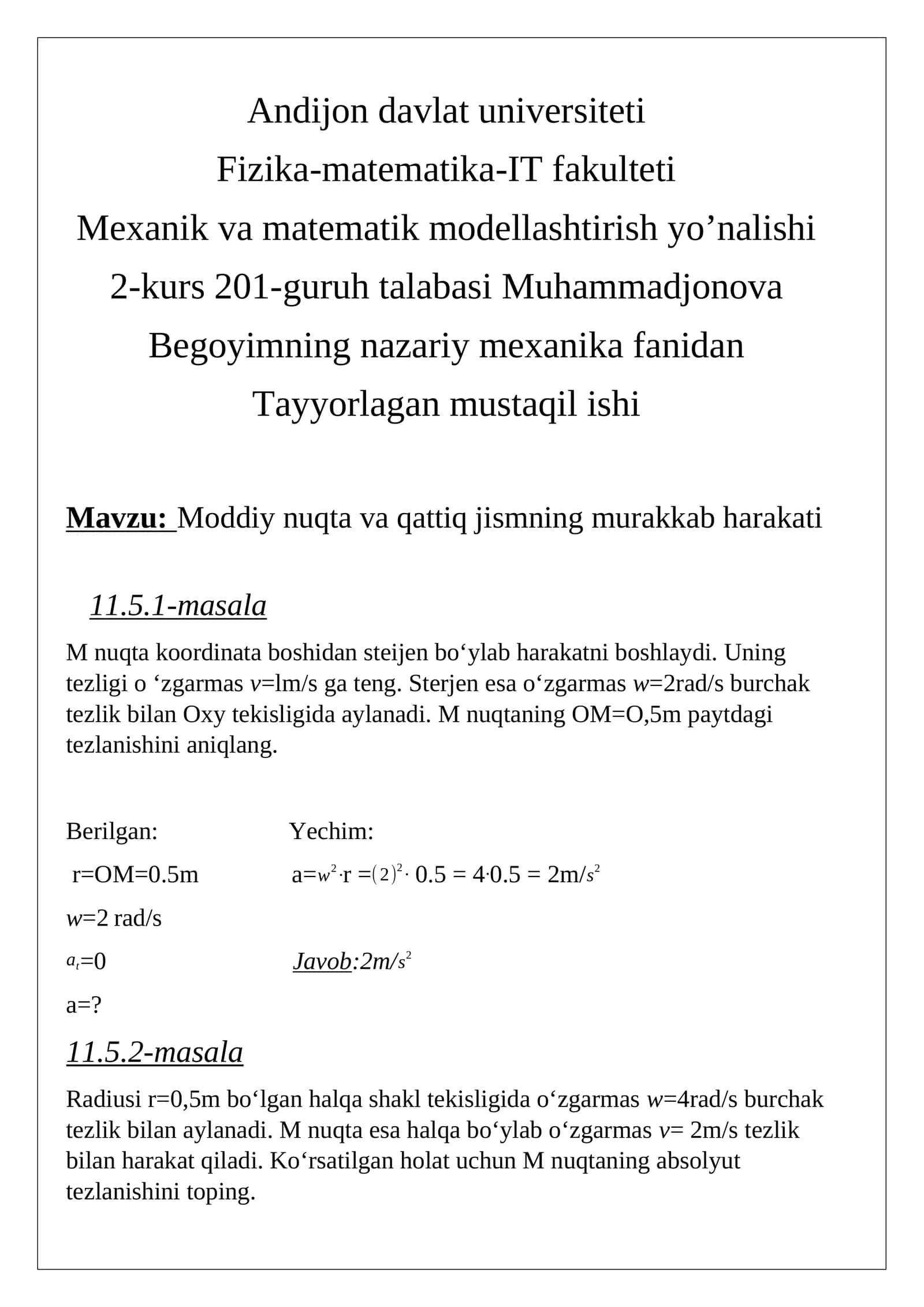 Moddiy nuqta va qattiq jismning murakkab harakati