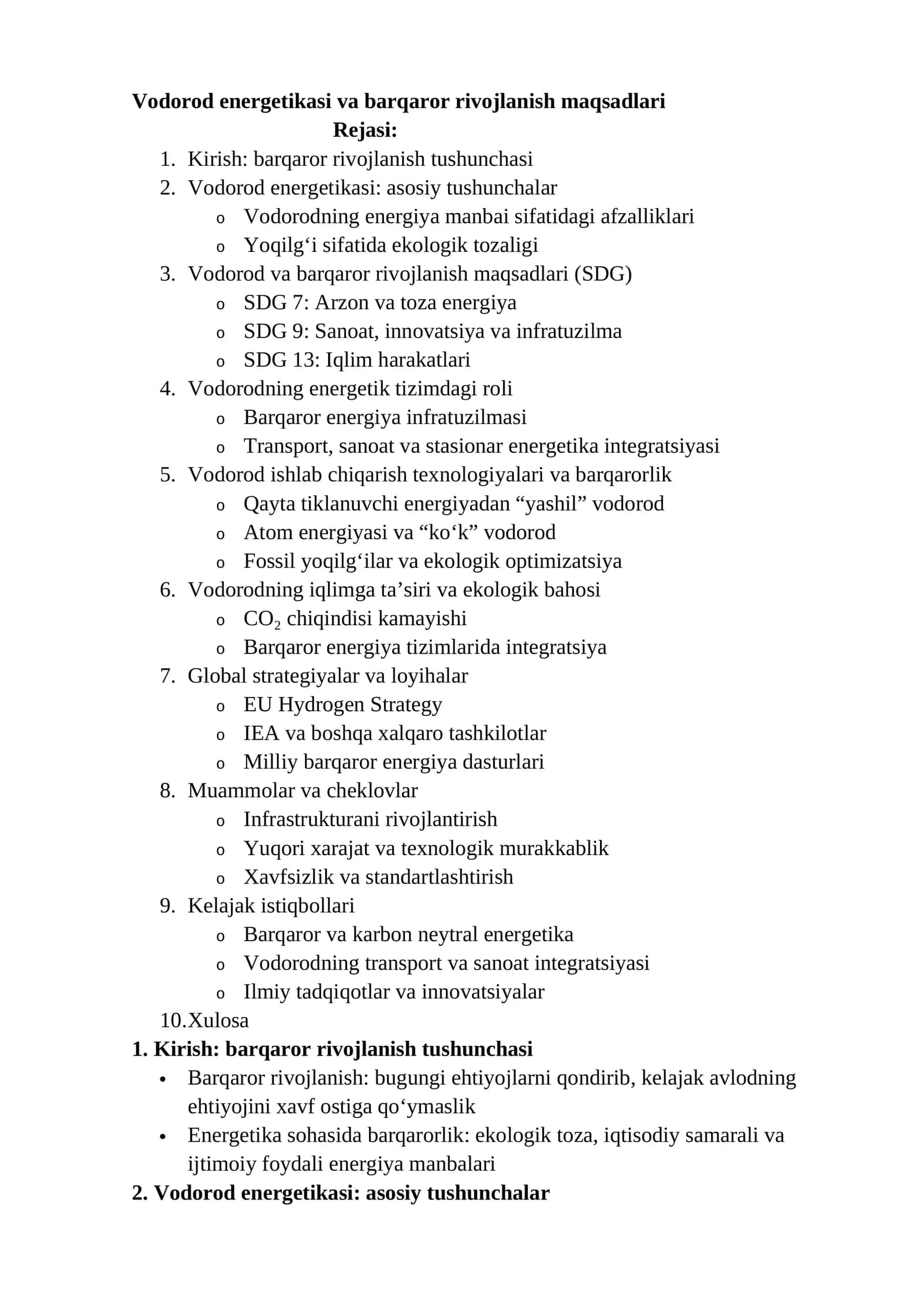 Vodorod energetikasi va barqaror rivojlanish maqsadlari