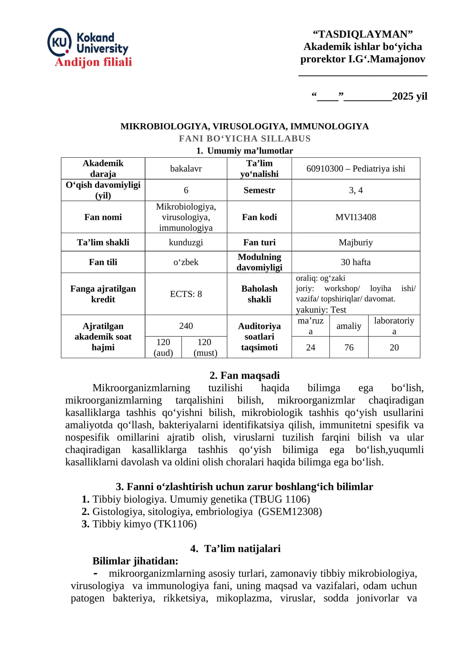 MIKROBIOLOGIYA, VIRUSOLOGIYA, IMMUNOLOGIYA FANI BO‘YICHA SILLABUS